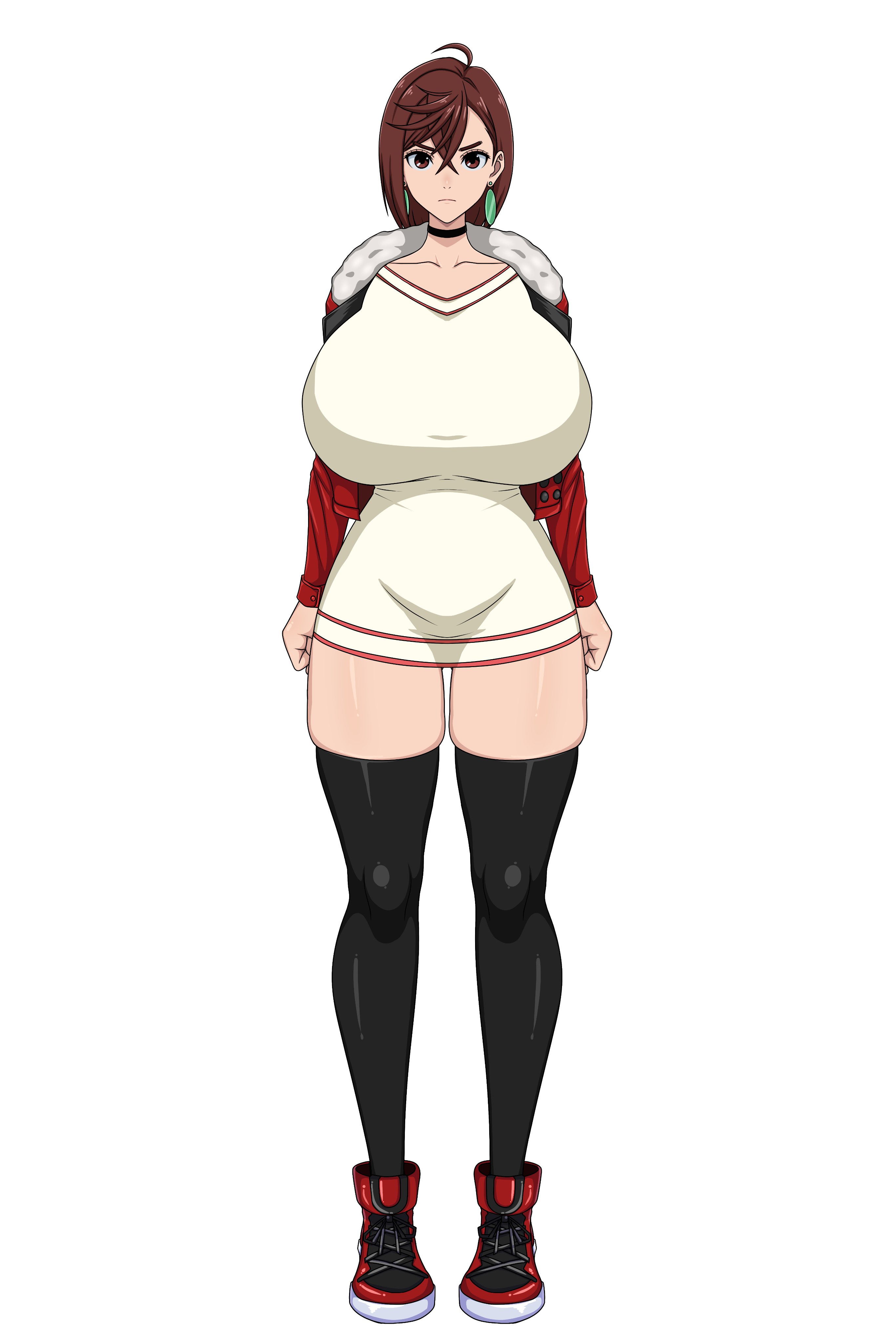 1girls, ayase momo, big breasts, breasts, brown hair, cleavage, dandadan, earrings, female, female focus, female only, large breasts, looking at viewer, short hair, sihkygmojsn, solo, solo female, solo focus, thick thighs, thighs, wide hips