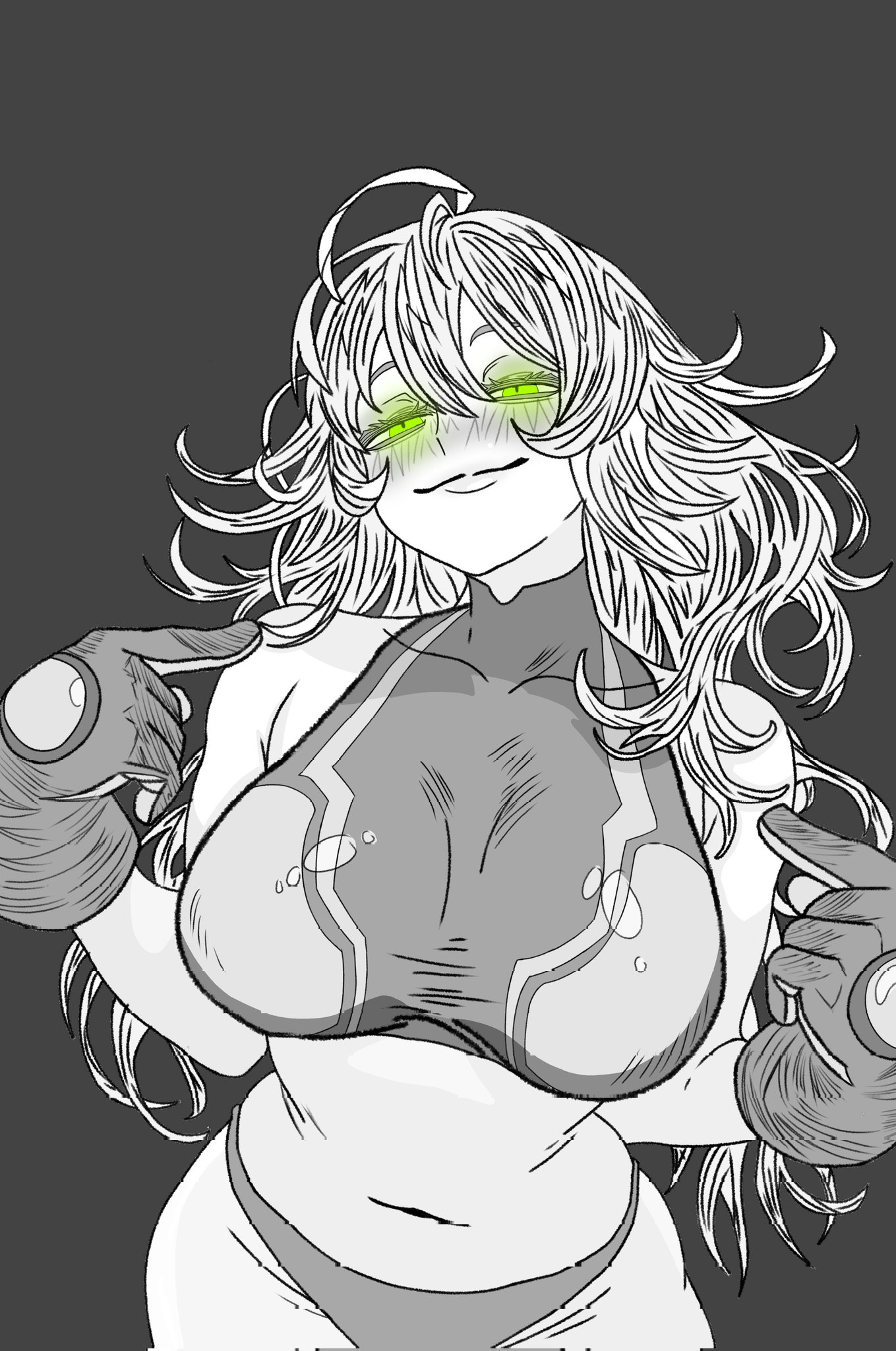 2d, 2d (artwork), big breasts, boku no hero academia, breasts, deku's photo of hagakure toru, female, glowing eyes, hagakure tooru (visible), my hero academia, my hero academia (finale), pointing at self, post-timeskip, smile, stomach, thighs, tooru hagakure, tooru hagakure (post-timeskip), tooru hagakure (visible)