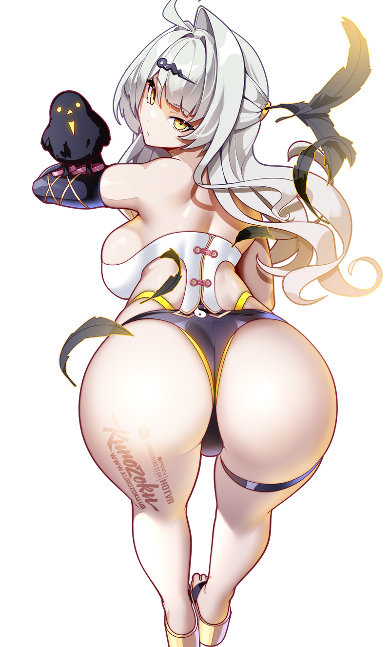 alternate costume, ass, bird, breasts, commentary, english commentary, feathers, female, from behind, grey hair, hair ornament, hairclip, highres, hotvr, large breasts, long hair, looking at viewer, looking back, sandals, sideboob, simple background, solo, subscribestar username, thigh strap, white background, yellow eyes, yixuan (zenless zone zero), zenless zone zero