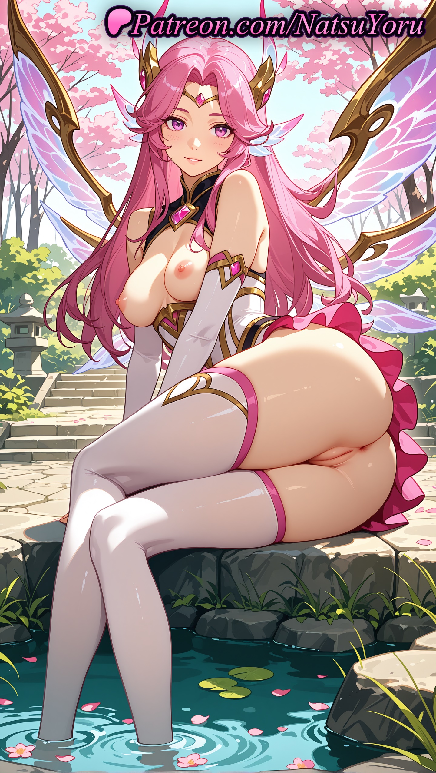 1girls, 2025, ai generated, anus, ass, bare shoulders, breasts, breasts out, clothing, elbow gloves, female, gloves, hair ornament, hi res, highres, kai'sa, league of legends, league of legends: wild rift, lily pad, long hair, looking at viewer, medium breasts, natsuyoru, nipples, oshiri, outdoors, parted bangs, parted lips, patreon, petals, pink eyes, pink hair, pool, pussy, riot games, sitting, skirt, smile, solo, thighhighs, uncensored, vagina, voluptuous, voluptuous female, water, white gloves, white thighhighs, wings