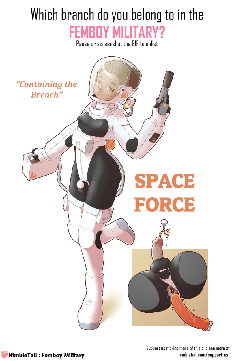 1boy, 2d, after anal, anus, chastity cage, color, dark skin, dark-skinned femboy, dark-skinned male, dildo, dildo in ass, dreadlocks, english text, femboy, full color, gay, gay male, gun, hair bun, helmet, male, medium penis, military uniform, nimbletail, nipple bulge, original, penis, solo, solo femboy, space helmet, spacesuit, tagme, tied hair, urethral chastity, urethral insertion, urethral plug, weapon