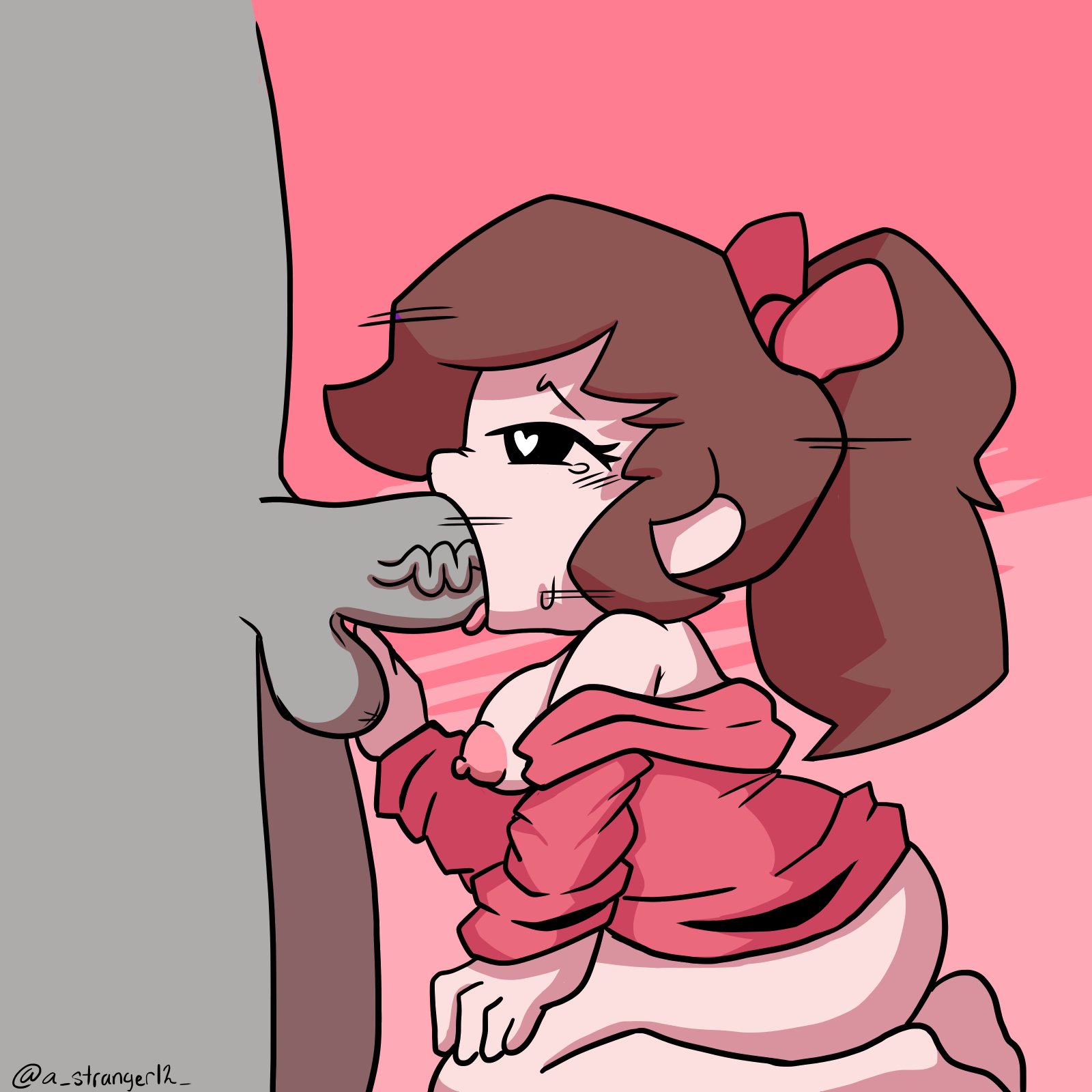 1boy, 1girls, astranger, balls, big penis, blowjob, brown hair, fellatio, female, friday night funkin, friday night funkin soft, girlfriend (friday night funkin), hairband, heart-shaped pupils, huge cock, male, mob face, oral, oral sex, penis, ponytail, size difference, smaller female, soft gf, testicles, thick thighs, veiny penis