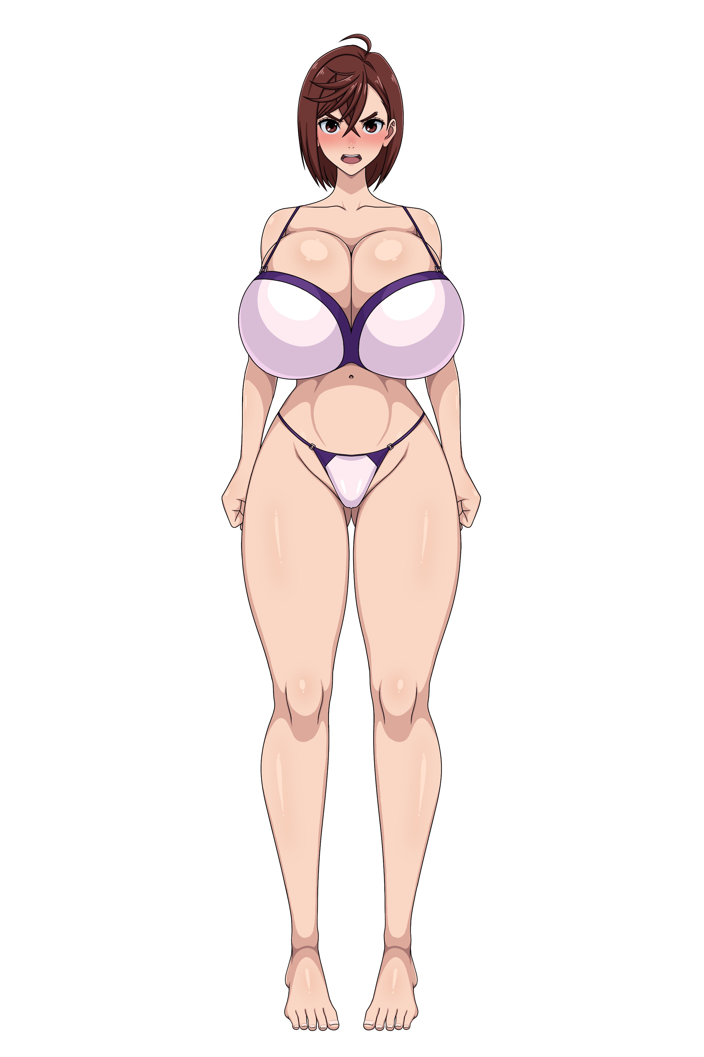 1girls, angry, angry expression, angry face, annoyed, annoyed expression, ayase momo, belly button, big ass, big breasts, blushing, blushing at viewer, bra, breasts, brown eyes, brown hair, cleavage, dandadan, earrings, feet, female, female focus, female only, half naked, huge breasts, large breasts, lingerie, looking at viewer, mouth open, panties, short hair, sihkygmojsn, solo, solo female, solo focus, thick thighs, thighs, wide hips