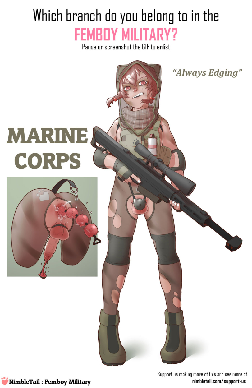 1boy, 2d, anal beads, anal beads in ass, army, balls, boots, braided hair, chastity cage, color, crotchless, english text, femboy, femboy only, full color, gay, gay male, gun, high heel boots, high heels, hood, light skin, light-skinned femboy, light-skinned male, male, male only, medium penis, military uniform, nimbletail, original, penis, red eyes, sniper rifle, solo, solo femboy, tactical gear, tagme, testicles, tights, urethral chastity, urethral insertion, urethral plug, weapon