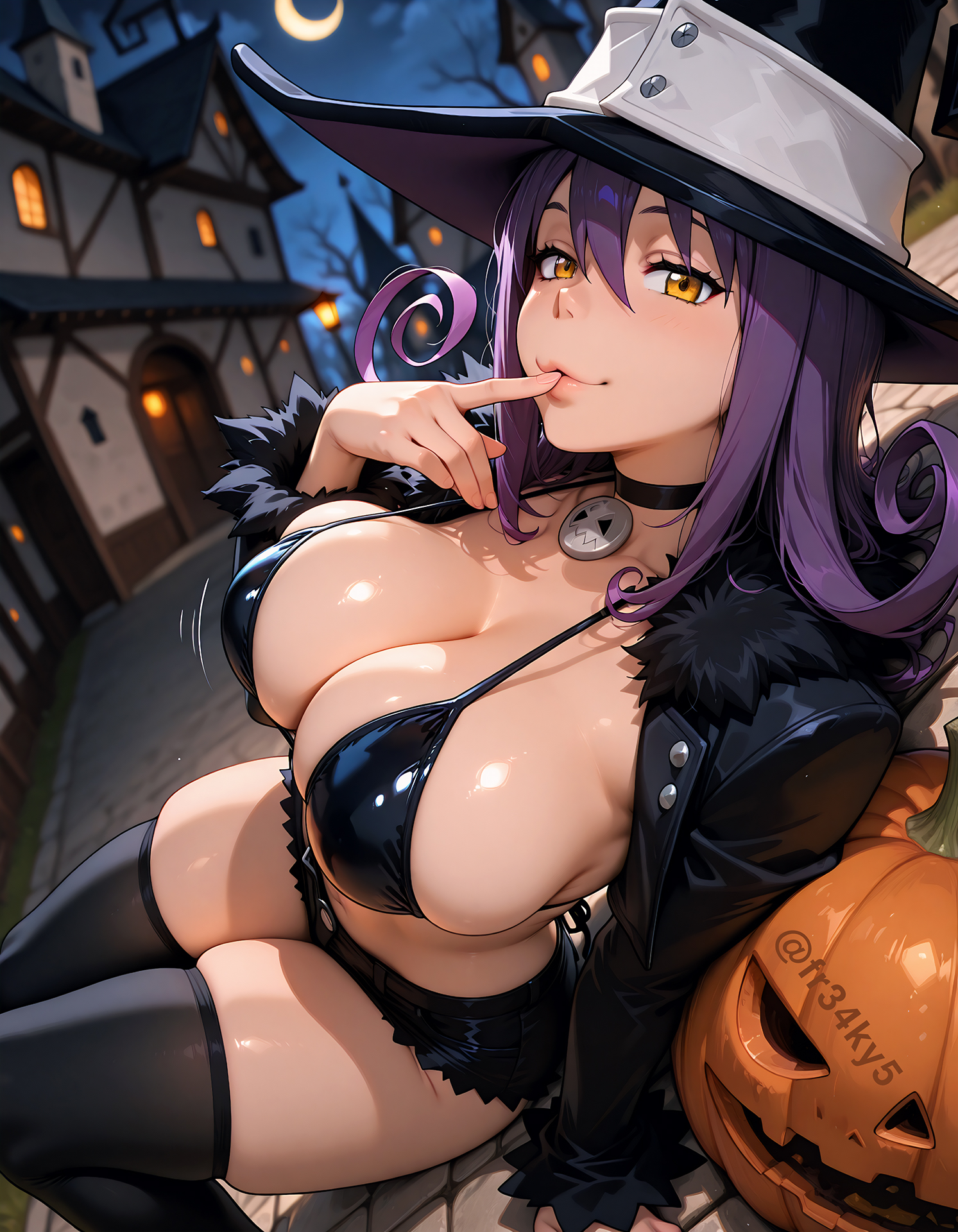 ai generated, blair (soul eater), breasts, cat girl, catgirl, cleavage, female, fr34ky, huge breasts, soul eater, tease, witch, witch hat