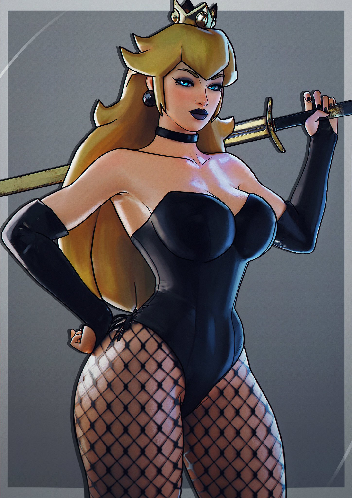 1girls, 3d, 3d (artwork), 3d model, 3d render, ass, background, big ass, big breasts, black choker, black gloves, black leotard, black lips, black lipstick, black nails, blonde female, blonde hair, blonde hair female, blonde-haired female, blue eyes, breasts, bunnysuit, choker, cleavage, clothed, clothed female, clothes, clothing, collar, crown, curvaceous, curvy, curvy female, curvy figure, cyan eyes, dialogue, earrings, eyebrows, eyeliner, female, female focus, female only, fishnet, fishnet legwear, fishnet stockings, fishnets, fit, fit female, fully clothed, fully clothed female, gloves, grey background, highres, holding, holding object, holding sword, large breasts, leotard, light skin, light-skinned female, long hair, long hair female, long legs, looking at viewer, mario (series), nails, nails painted, nintendo, no bra, no panties, painted nails, princess peach, purple eyeshadow, rating, reflection, seductive, seductive look, seductive smile, sexy, sfrinzy, simple background, skimpy, skimpy clothes, slim waist, solo, solo female, solo focus, sword, sword on shoulder, syringe, thick, thick ass, thick butt, thick thighs, thighs, tight clothes, tight clothing, video game character, video games, voluptuous, voluptuous body, voluptuous female, weapon, wide hips