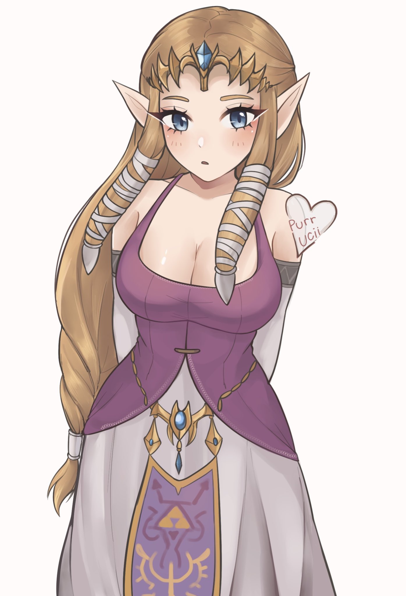 artist name, blonde hair, blue eyes, blush, breasts, busty, cleavage, dress, female, light skin, light-skinned female, pointy ears, princess zelda, purple dress, purrlucii, the legend of zelda, twilight princess, zelda (twilight princess)