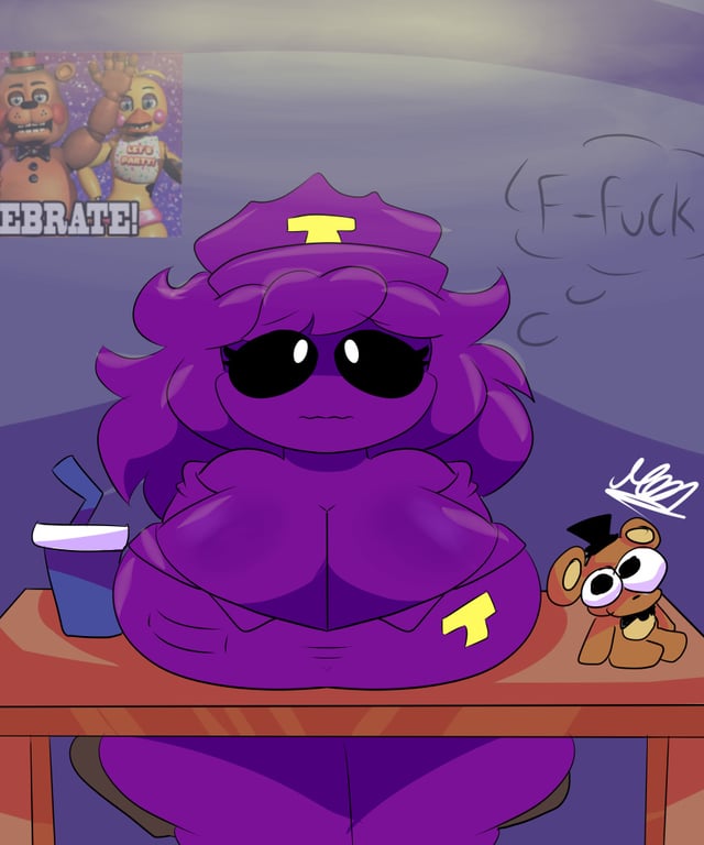 1girls, badge, black sclera, blue background, blush, breasts, cleavage, female, five nights at freddy's, freddy plush, moonlightdrawings, plushie, purple body, purple girl, purple guy (fnaf), purple hair, rule 63, solo, wendy afton, white eyes, william afton