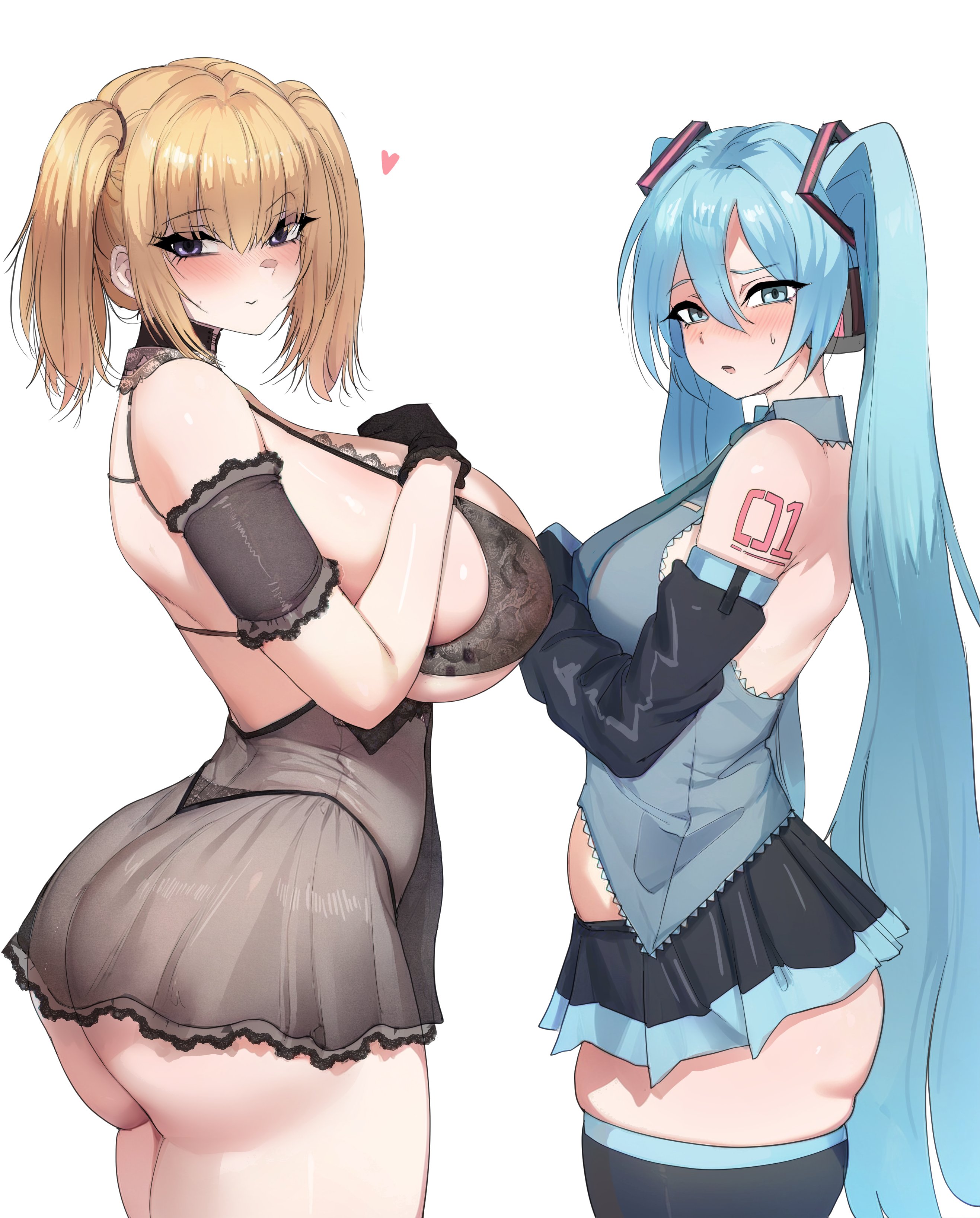 2girls, ani (twitter), aqua hair, ass, bangs, bare shoulders, black gloves, black panties, blonde hair, blue eyes, blue hair, blush, breasts, breasts bigger than head, comparing breasts, detached sleeves, female, female only, from side, gloves, hatsune miku, heart, huge breasts, large breasts, light skin, lingerie, long hair, looking at viewer, mogging, multiple girls, necktie, nervous, otik, panties, see-through, sideboob, simple background, skindentation, skirt, smile, standing, tattoo, thick thighs, thighhighs, thighs, twintails, underwear, very long hair, white background