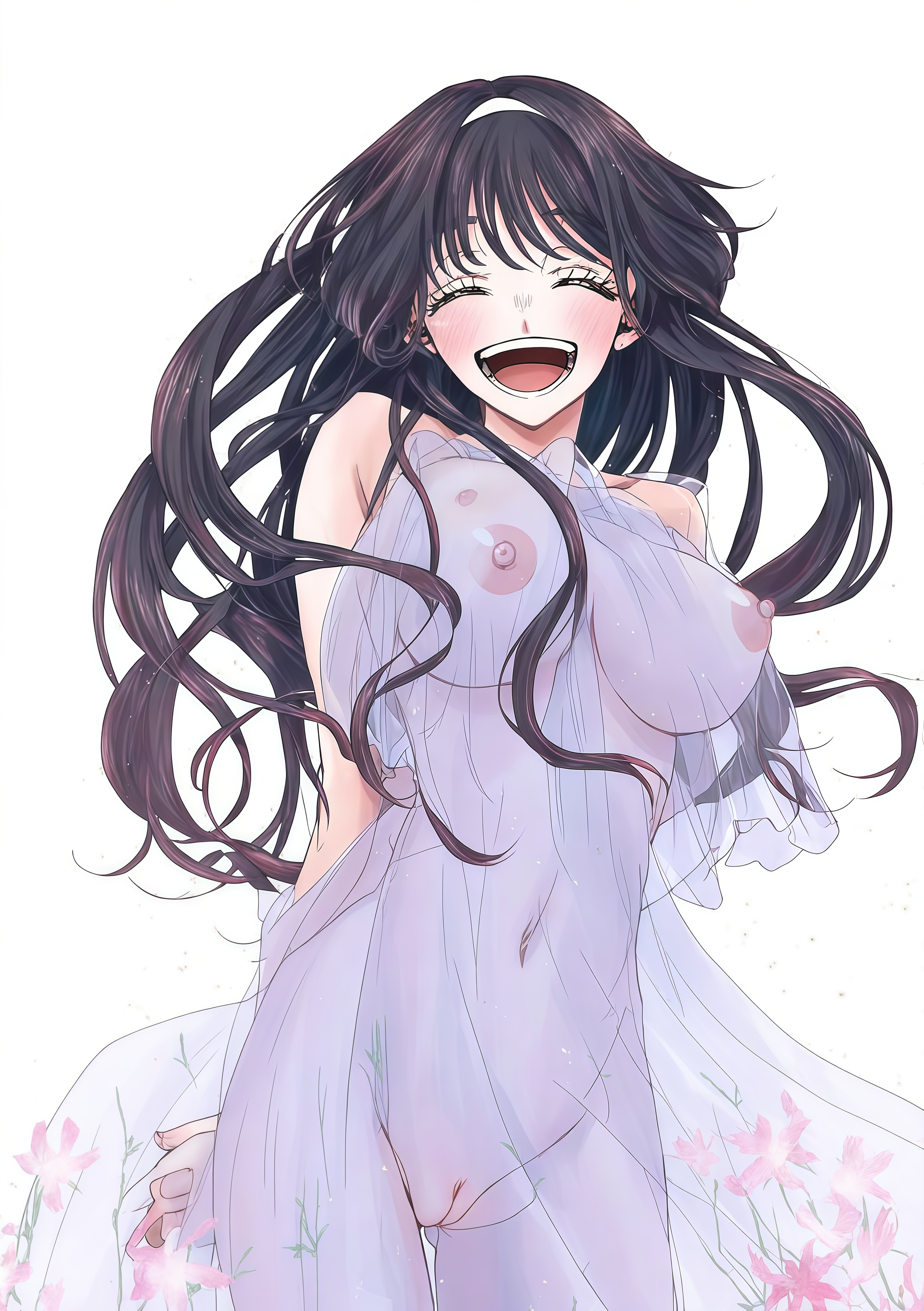 1girls, ai generated, aromaticflower, belly, belly button, big breasts, black hair, blush, blush lines, blushing at viewer, blushing female, breasts, breasts bigger than head, breasts visible through clothing, closed eyes, curvy, curvy body, curvy female, curvy figure, curvy hips, gigantic boobs, gigantic breasts, huge boobs, huge breasts, kaoru hana wa rin to saku, large boobs, large breasts, nipples, pink nipples, purple hair, pussy, pussy visible through clothes, sexy, sexy body, sexy pose, smile, smiley face, smiling, smiling at viewer, solo, solo female, solo focus, transparent clothing, waguri kaoruko