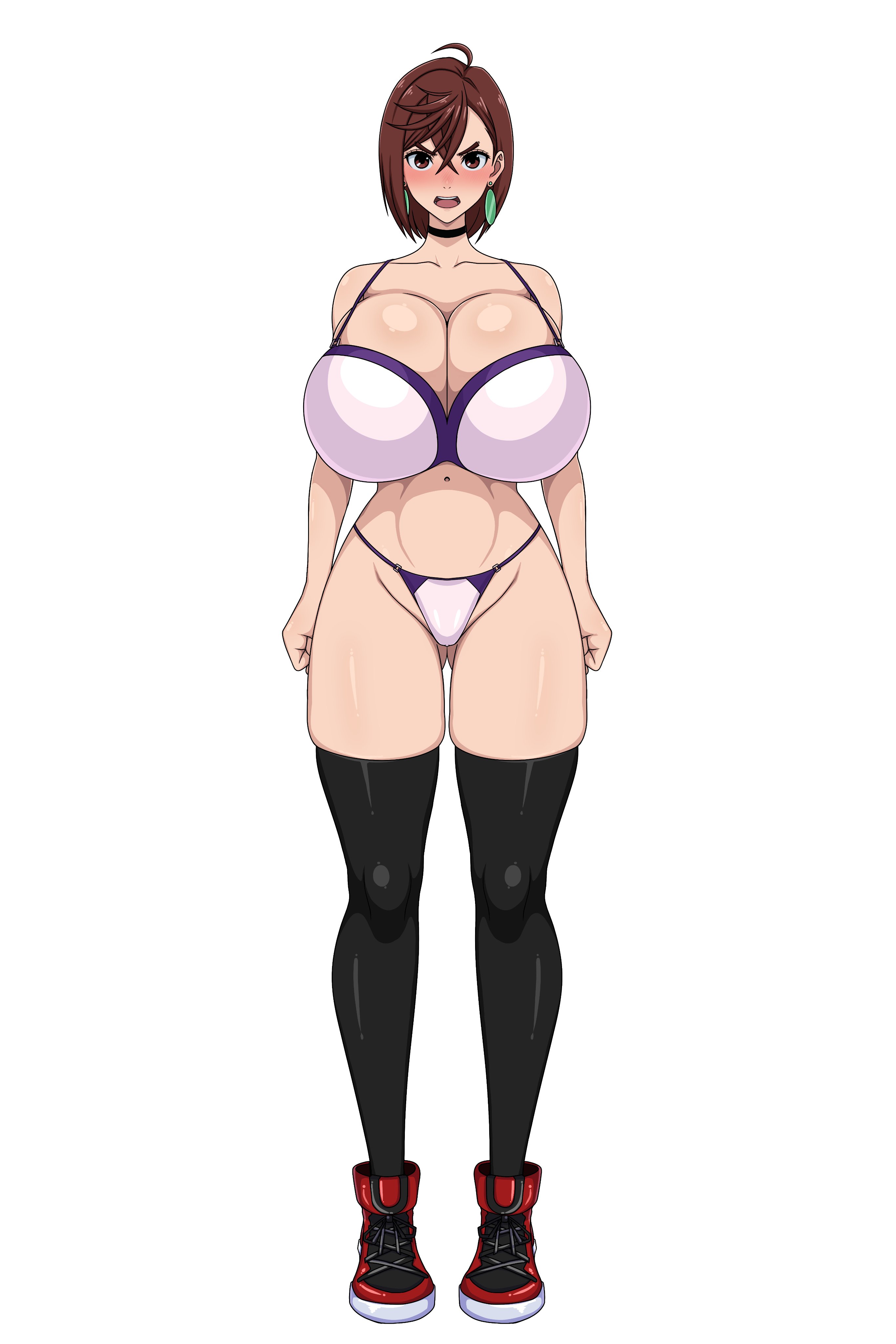 1girls, angry, angry expression, angry face, annoyed, annoyed expression, ayase momo, belly button, big ass, big breasts, blush, blushing, blushing at viewer, bra, breasts, breasts bigger than head, brown eyes, brown hair, cleavage, dandadan, earrings, embarrassed, female, female focus, female only, huge breasts, huge tits, kneehighs, kneesocks, large breasts, legwear, lingerie, long socks, looking at viewer, panties, panty, red face, shoes, short hair, sihkygmojsn, socks, solo, solo female, solo focus, thick thighs, thighs, thong, tits, wide hips, wide thighs