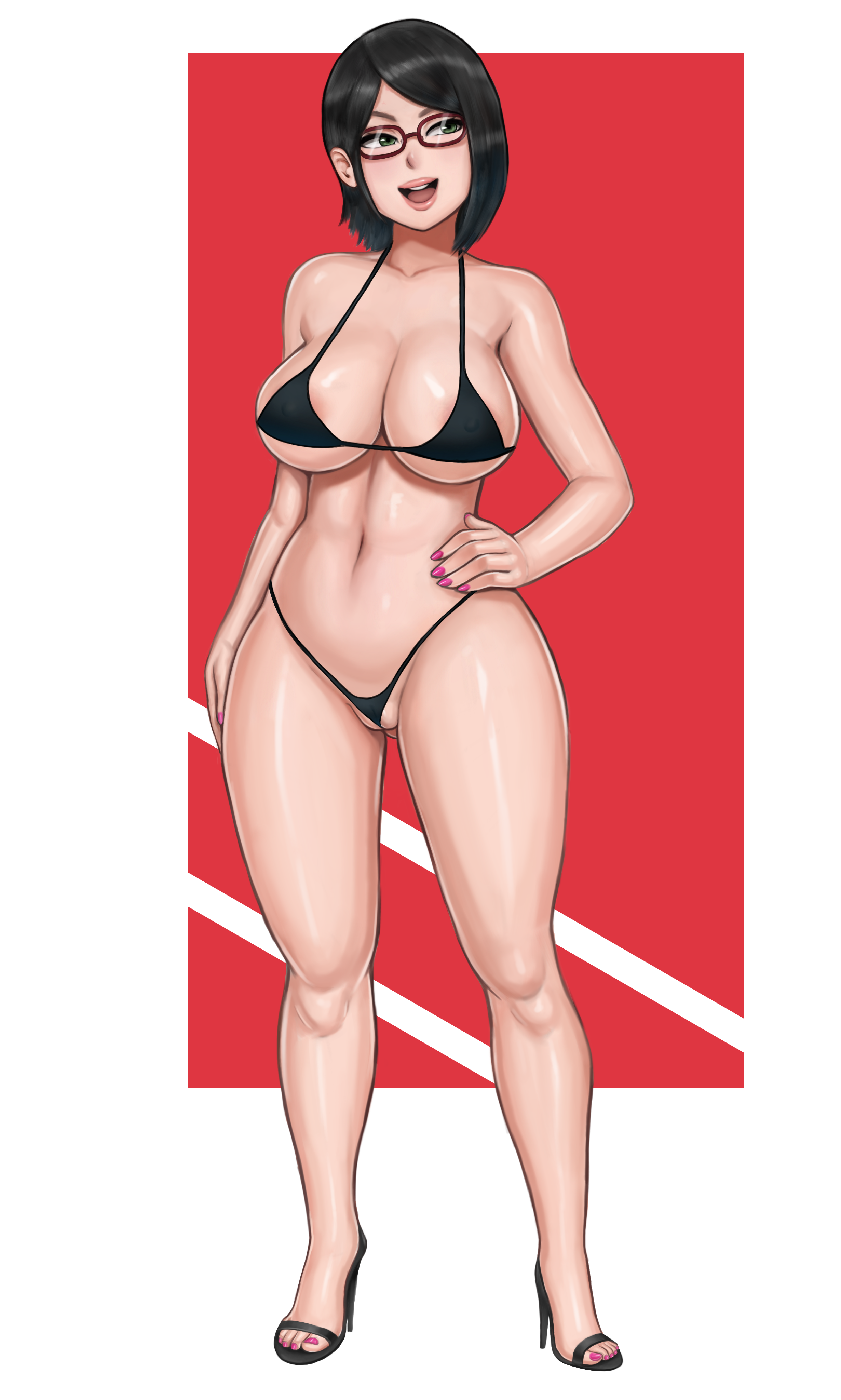 :d, 1girls, abyssdagon, areolae, between labia, bikini, bikini bottom, bikini top, black bikini, black hair, black swimsuit, blue nails, blush, boruto: naruto next generations, breasts, clothing, completely nude, erect nipples, erect nipples under clothes, female, full body, green eyes, hair ornament, hand on hip, heels, high heels, high resolution, huge areolae, huge breasts, innie pussy, looking to the side, megane, naruto, naruto (series), navel, nipples, nude, open mouth, open-mouth smile, partially visible vulva, plump, pussy, sarada uchiha, smile, solo, swimsuit, tiptoes, very high resolution