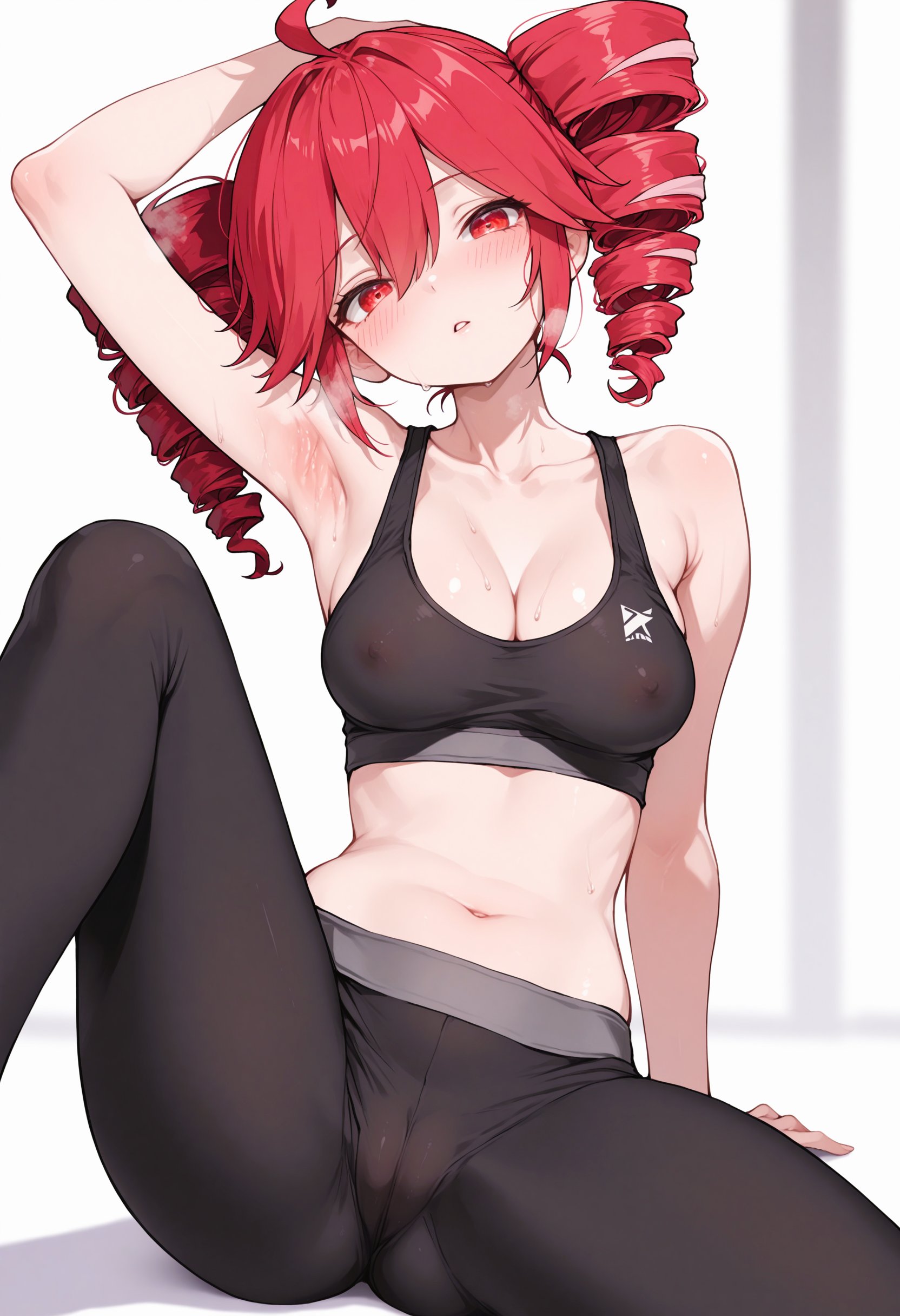 1girls, ahoge, ai generated, areolae, areolae visible through clothing, arm up, armpit fetish, armpit sex, armpits, ass, belly, breasts, cameltoe, cleavage, clothed, clothed female, clothing, female, female only, fully clothed, kasane teto, leggings, medium breasts, navel, nipple bulge, nipples, nipples visible through clothing, no bra, no panties, partially visible vulva, petite, petite female, pussy, pussy lips, red eyes, red hair, see-through, see-through clothing, sitting, slim female, slim waist, small waist, solo, solo female, sports bra, sportswear, spread legs, steam, steaming body, sweat, sweating, thick thighs, thighs, tight clothing, twin drills, utau, white background, yoga pants