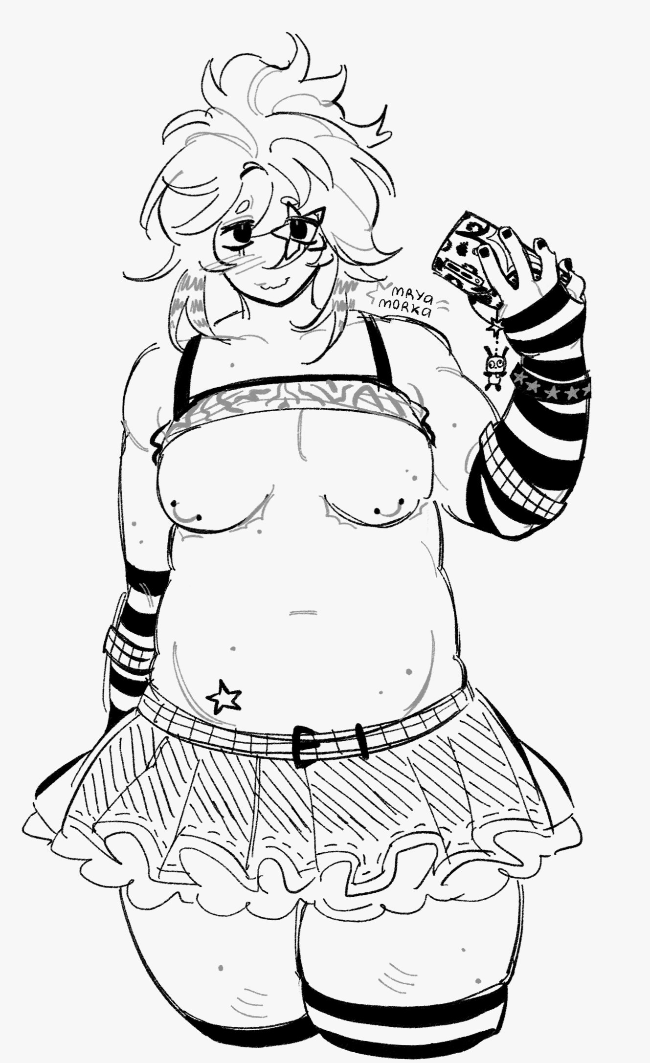 :), 1boy, armwear, chubby, female, forsaken (roblox), holding object, holding phone, looking at viewer, myra morka, no color, noob, noob (forsaken), noob (roblox), official alternate costume, phone, roblox, roblox game, robloxian, scene noob, shirt up, skirt, smile, smiling, solo, standing, tagme, trans female, trans woman, white background