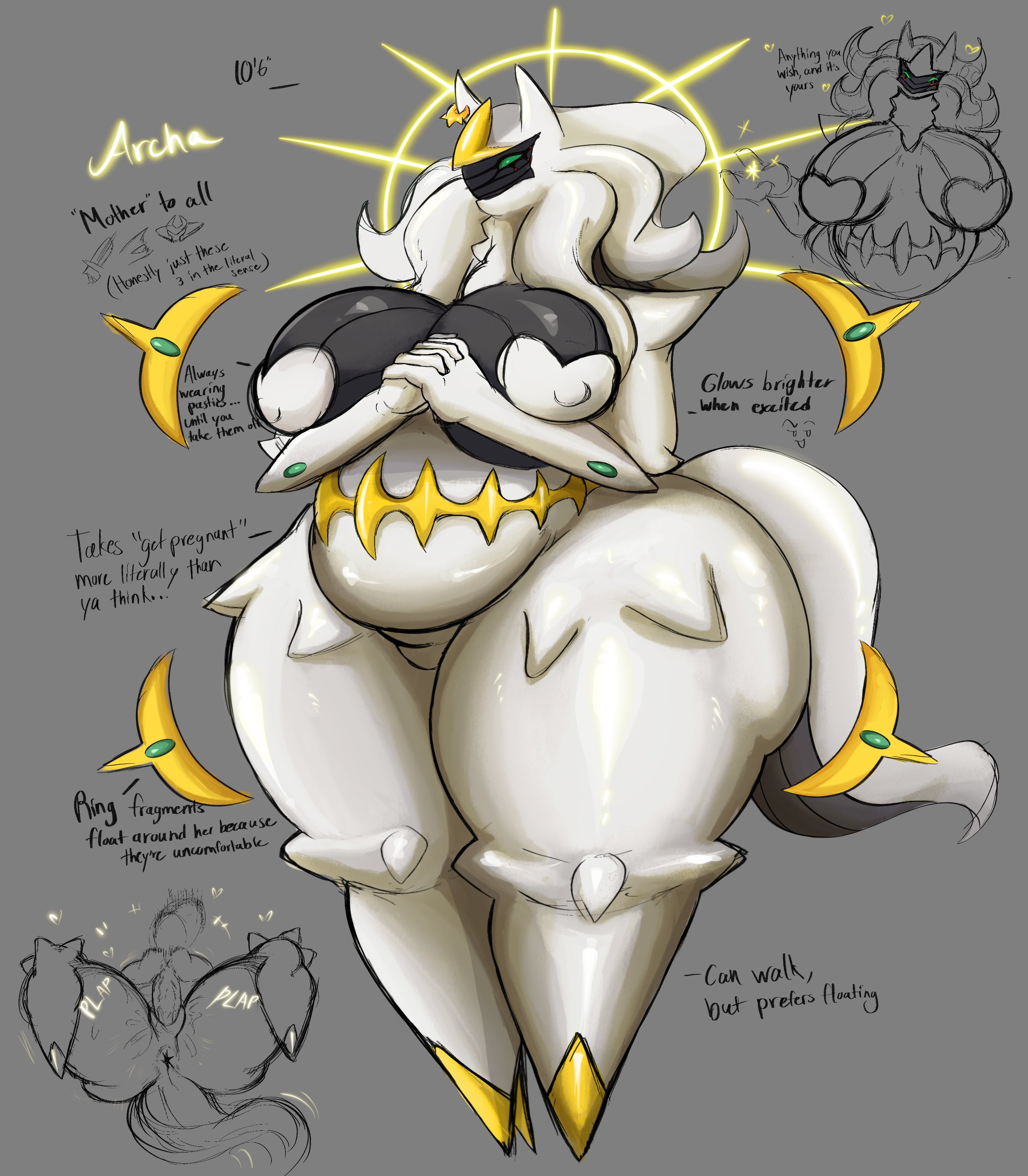 1girls, anthro, arceus, ass, breasts, chubby, chubby female, female, female only, gigantic ass, heart pasties, huge ass, huge breasts, pasties, pokemon, schmuckless, solo, solo anthro, solo female, standing, text, thick thighs, thunder thighs