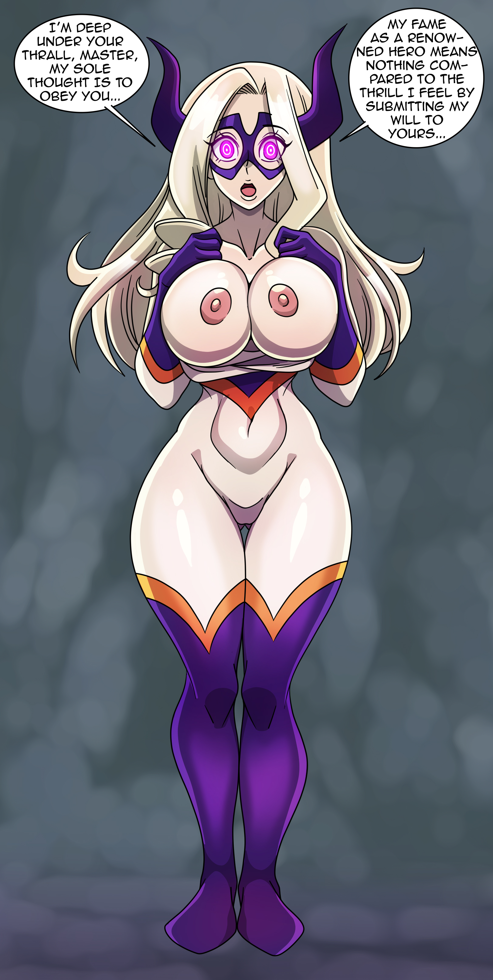 big breasts, blonde hair, boku no hero academia, breasts, female, flashing, flashing breasts, huge breasts, hypnosis, mind control, mount lady, my hero academia, nipples, purple eyes, showing breasts, standing, submissive female, swirly eyes, talking to viewer, text, yu takeyama, zorro-zero