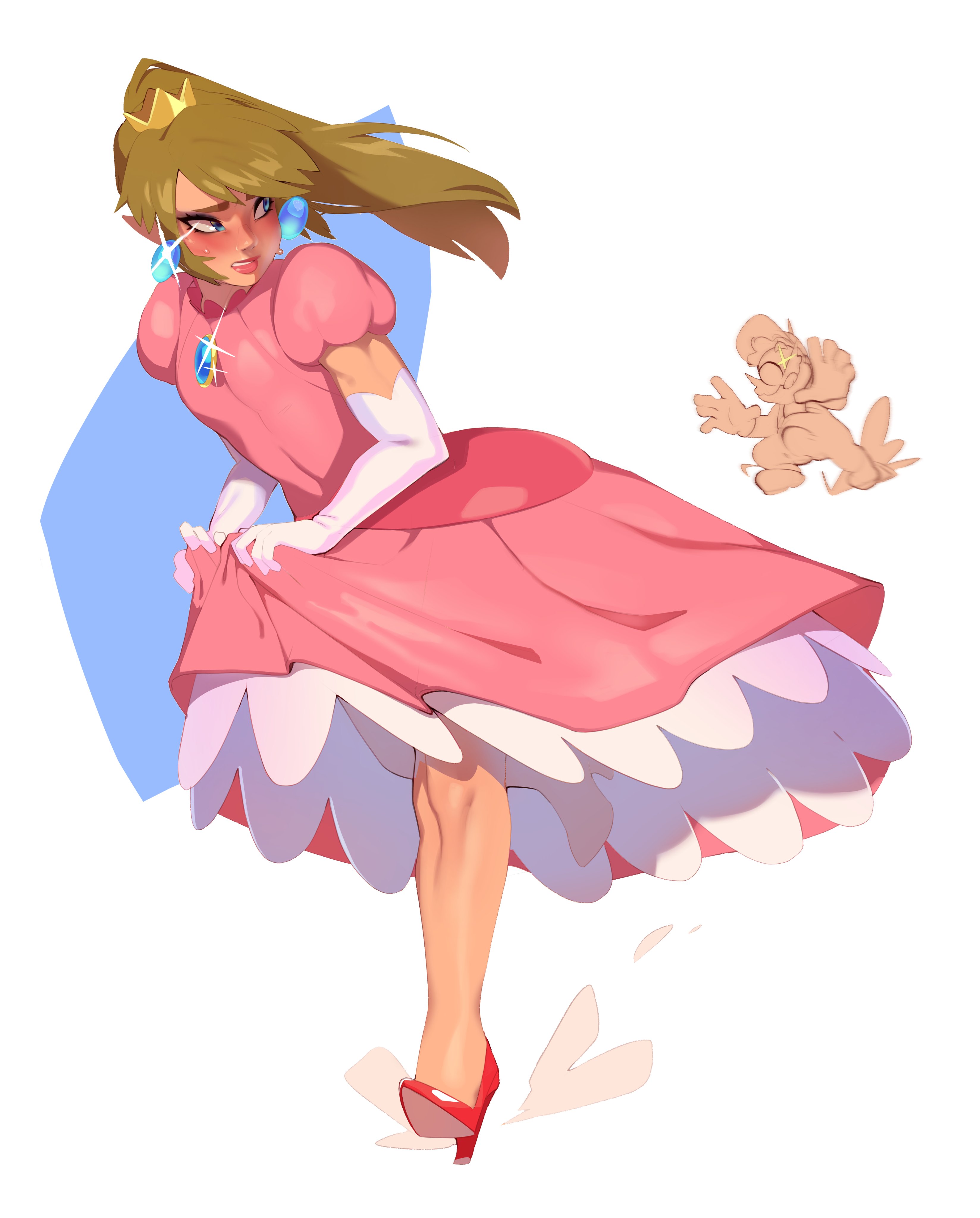 1femboy, 2boys, absurd res, armwear, blue eyes, blush, breath of the wild, brown hair, canon crossdressing, clothed, clothing, combos-n-doodles, cosplay, crossdressing, crossover, crossplay, crown, dress, dress lift, earrings, erection under clothes, femboy, feminine male, full body, girly, heels, high heels, jewel, light skin, light-skinned femboy, link, link (breath of the wild), long hair, looking at another, looking back, male, male only, mario, mario (series), multiple boys, multiple males, muscular, muscular femboy, nintendo, otoko no ko, penis, penis bulge, pink dress, ponytail, princess peach (cosplay), running, simple background, solo focus, standing, the legend of zelda, tied hair, trap, white background