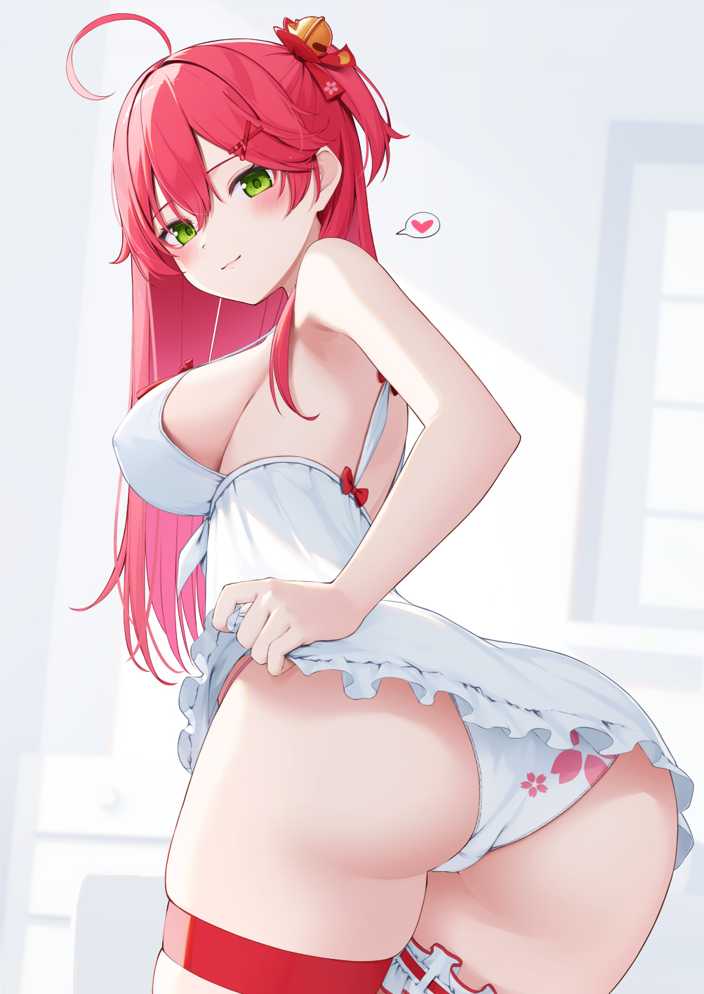 ahoge, ass, bare shoulders, bell, blush, bow, breasts, camisole, cleavage, closed mouth, female, frilled camisole, frilled thigh strap, frills, green eyes, hair bell, hair ornament, hairbow, hairclip, heart, highres, hololive, hololive gen 0, hololive japan, indoors, jingle bell, large breasts, long hair, looking back, mixed-, nyan (reinyan 007), one side up, panties, pink bow, pink hair, sakura miko, smile, solo, thigh strap, thighs, underwear, virtual youtuber, white camisole, white panties
