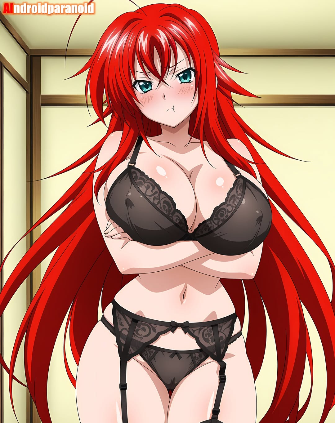 1girls, 2025, ai generated, aindroidparanoid, angry at viewer, anime, belly, big breasts, black eyebrows, black lingerie, breasts, closed mouth, crossed arms, crunchyroll, female, female only, green-eyed female, high school dxd, holding mouth, house background, huge breasts, instagram, light-skinned female, long-haired female, looking at viewer, mad at viewer, meta, mouth closed, orange cheeks, red-haired female, rias gremory, solo, tummy
