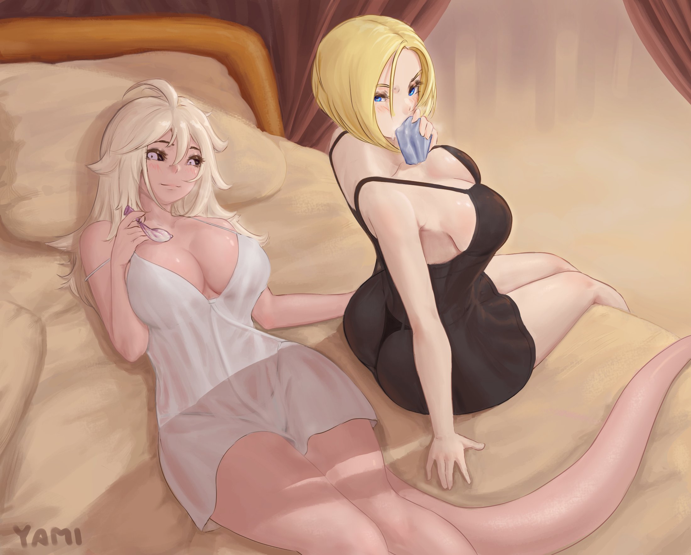 2021, 2girls, after sex, android 18, android 21, arm support, ass, bare shoulders, bed, big breasts, black panties, blonde hair, blue eyes, blush, breasts, cleavage, clothed, clothed female, condom, dragon ball, dragon ball fighterz, female, female majin, female only, filled condom, heavy breathing, hi res, high resolution, highres, large breasts, looking at viewer, lying, lying on back, lying on bed, majin, majin android 21, nightie, panties, panties visible through clothing, pink skin, sitting, sitting on bed, smile, thick thighs, thighs, used condom, white hair, white panties, yamisouls