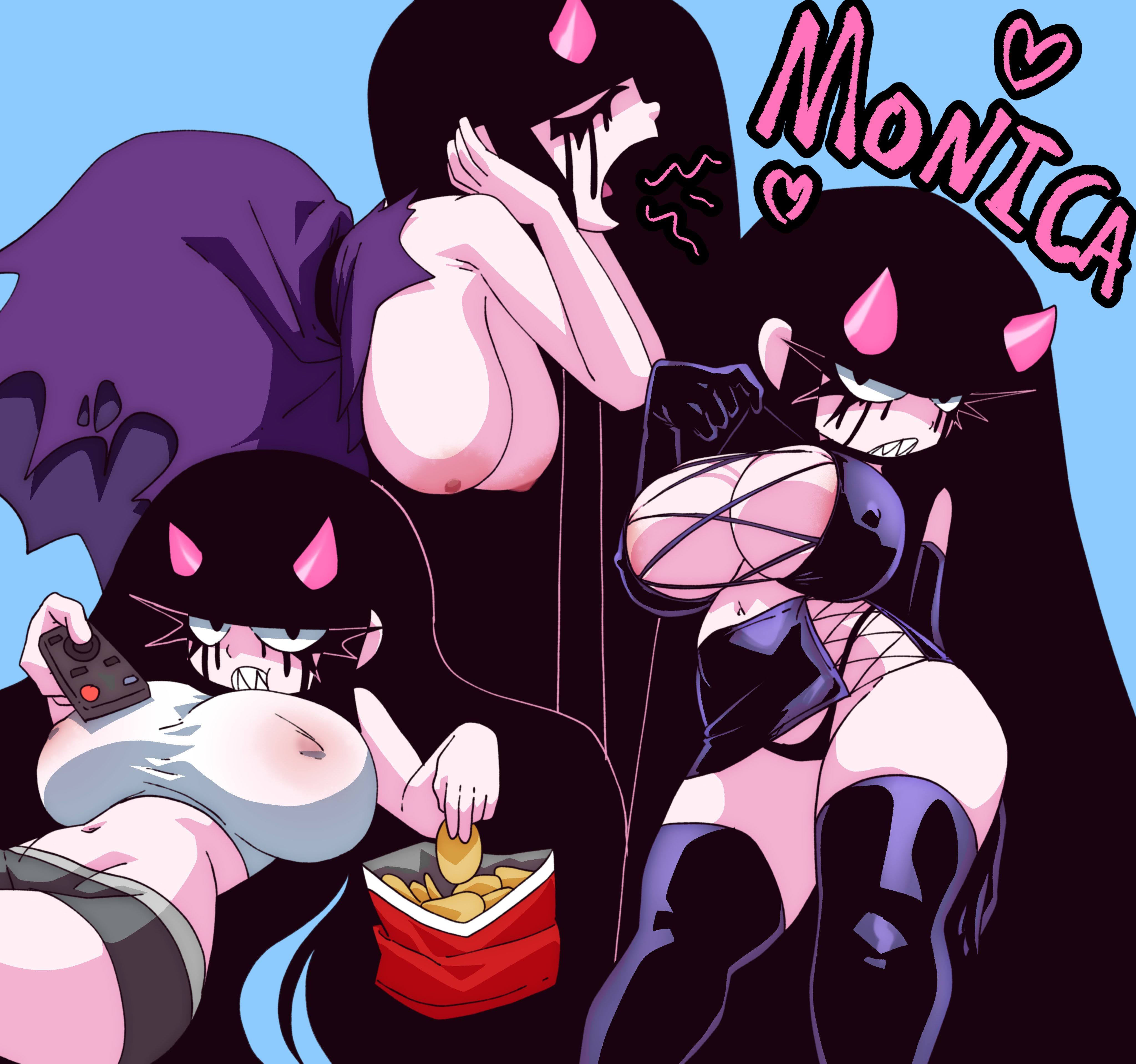 1girls, ass, black gloves, black hair, black panties, breasts, chips (food), cleavage, closed eyes, clothing, controller, coolerinker, covered nipples, crop top, dress, elbow gloves, female, food, gloves, hanging breasts, holding, horns, huge breasts, inker comics, inkershike, large breasts, legwear, long hair, looking at viewer, midriff, monica (inker comics), navel, nipples, open mouth, panties, potato chips, purple dress, remote control, sharp teeth, shorts, teeth, text, thick thighs, thighhighs, thighs, underwear, very long hair