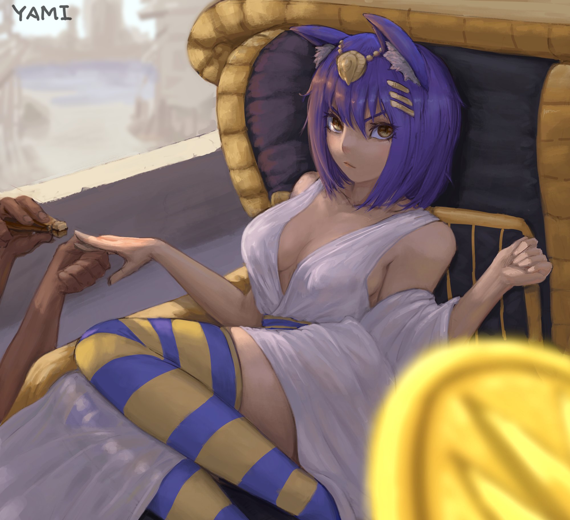 1girls, 2021, animal crossing, ankha, ankha (animal crossing), arms up, bare shoulders, blue hair, bob cut, breasts, cat ears, clothed, clothed female, dress, egyptian, female, female only, fully clothed, hi res, high resolution, highres, humanized, nintendo, short hair, sideboob, sitting on chair, stockings, striped stockings, tagme, thick thighs, thighs, yamisouls, yellow eyes
