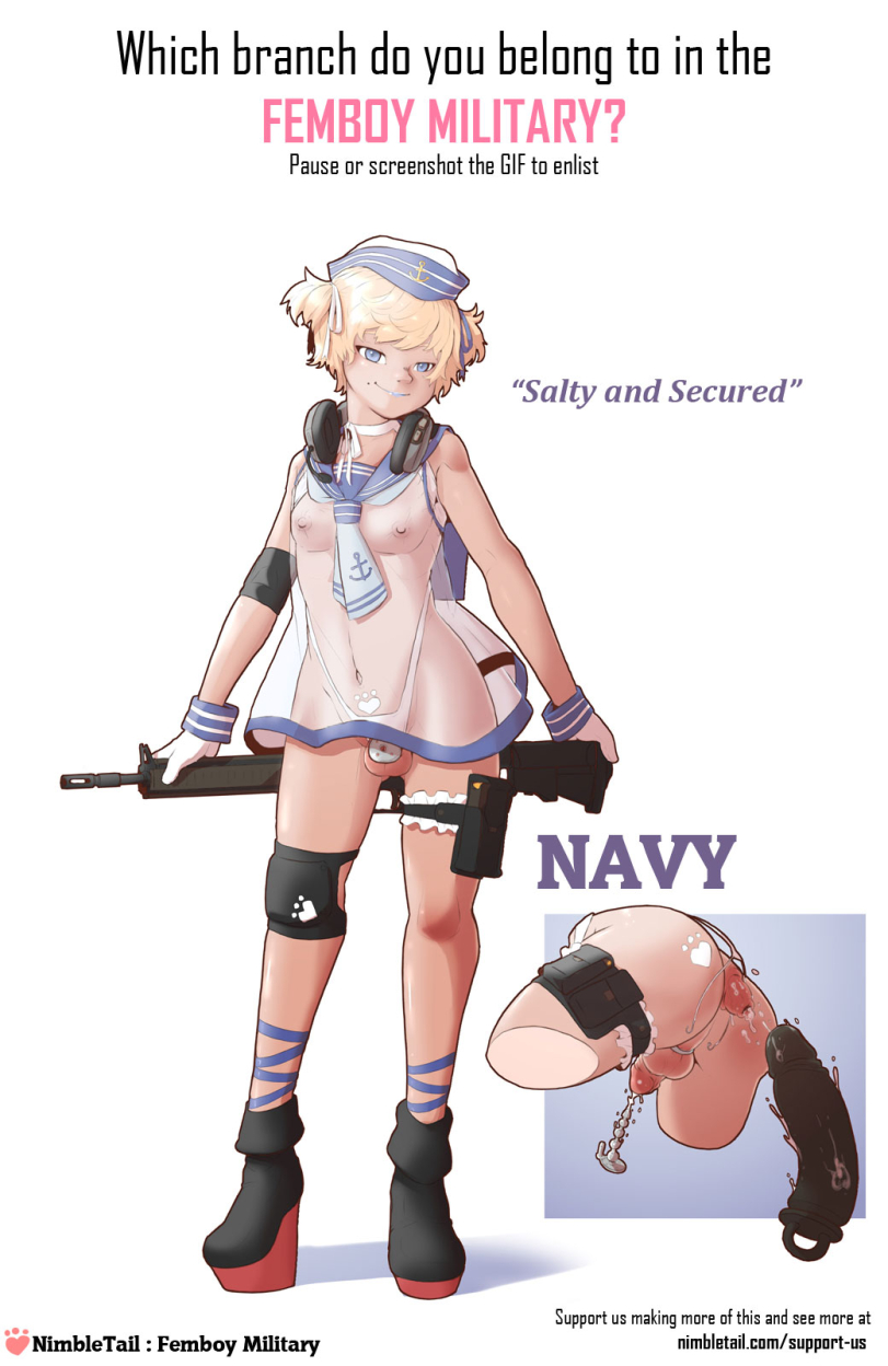 1boy, 2d, after anal, anal prolapse, boots, bottomless, chastity cage, chastity device, dildo, english text, femboy, femboy only, flat chastity cage, gay, gay male, gloves, high heel boots, high heels, light-skinned femboy, lipstick, makeup, male, male only, military uniform, navy uniform, nimbletail, nipples, original, prolapse, sailor uniform, see-through clothing, solo, solo femboy, tagme, tied hair, transparent clothing, urethral chastity, urethral insertion, urethral plug, wedge boots, wedge heels, yaoi