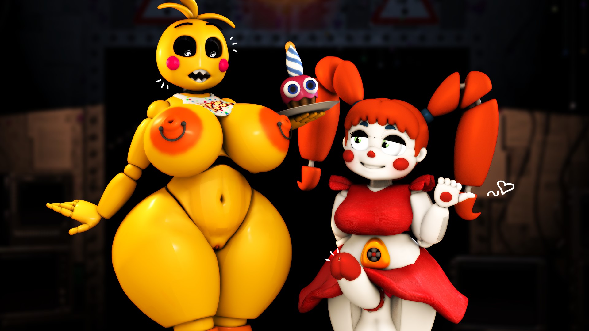 1futa, 1girls, 3d, anthro, baby (fnafsl), balls, ballsack, bib, big breasts, big penis, breasts, c4d max, circus baby, circus baby (fnaf), circus booby, cock, cock ring, cupcake, cupcake (fnaf), female, five nights at freddy's, five nights at freddy's 2, five nights at freddy's: sister location, futanari, genitals, glans, heart-shaped pupils, huge breasts, huge penis, huge toy chica, humanoid genitalia, humanoid penis, intersex, large breasts, large penis, lovetaste chica, nipple piercing, nipples, penis, piercing, pigtails, pussy, robot, robot girl, round balls, surprised, testicles, tits, toy chica (fnaf), toy chica (love taste), vagina, yellow body, yellow eyes