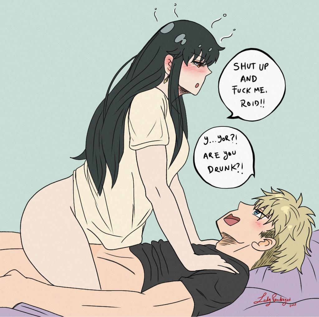 1boy, 1boy1girl, 1girls, bed, black hair, black shirt, black-haired female, blonde hair, blonde male, blushing, cowgirl position, drunk, drunk female, english text, female, female on top, horny female, implied sex, lady pendragon, loid forger, male, roxypendragon, shonen jump, spy x family, white shirt, yor briar, yor forger