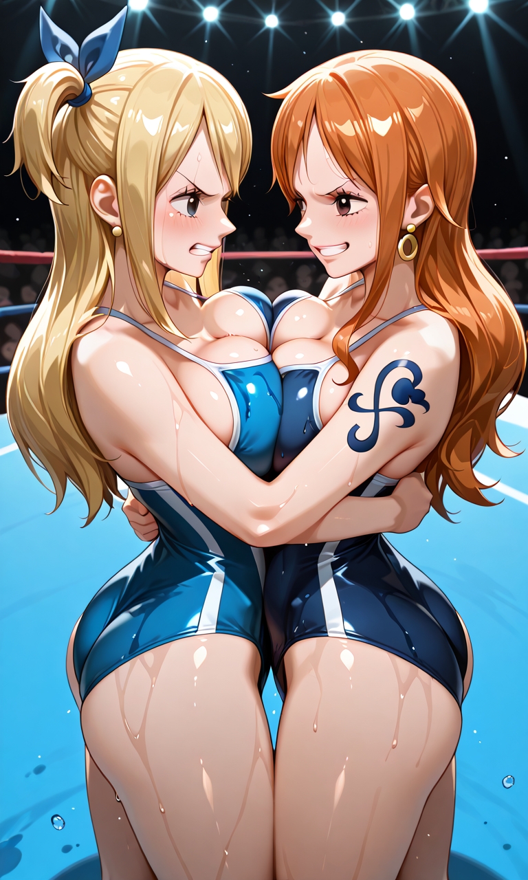 2girls, ai generated, big breasts, bikini, blonde hair, blonde hair female, blush, breasts, breasts press, breasts pressed against partner, breasts pressed together, breasts squeezed together, breasts to breasts, catfight, cleavage, competitive, crossover, fairy tail, female, female only, huge breasts, large breasts, lucy heartfilia, multiple girls, nami (one piece), navel, one piece, one-piece swimsuit, orange hair, orange hair female, post-timeskip, school swimsuit, stare, sweat, symmetrical docking, titfight, waist, yuri