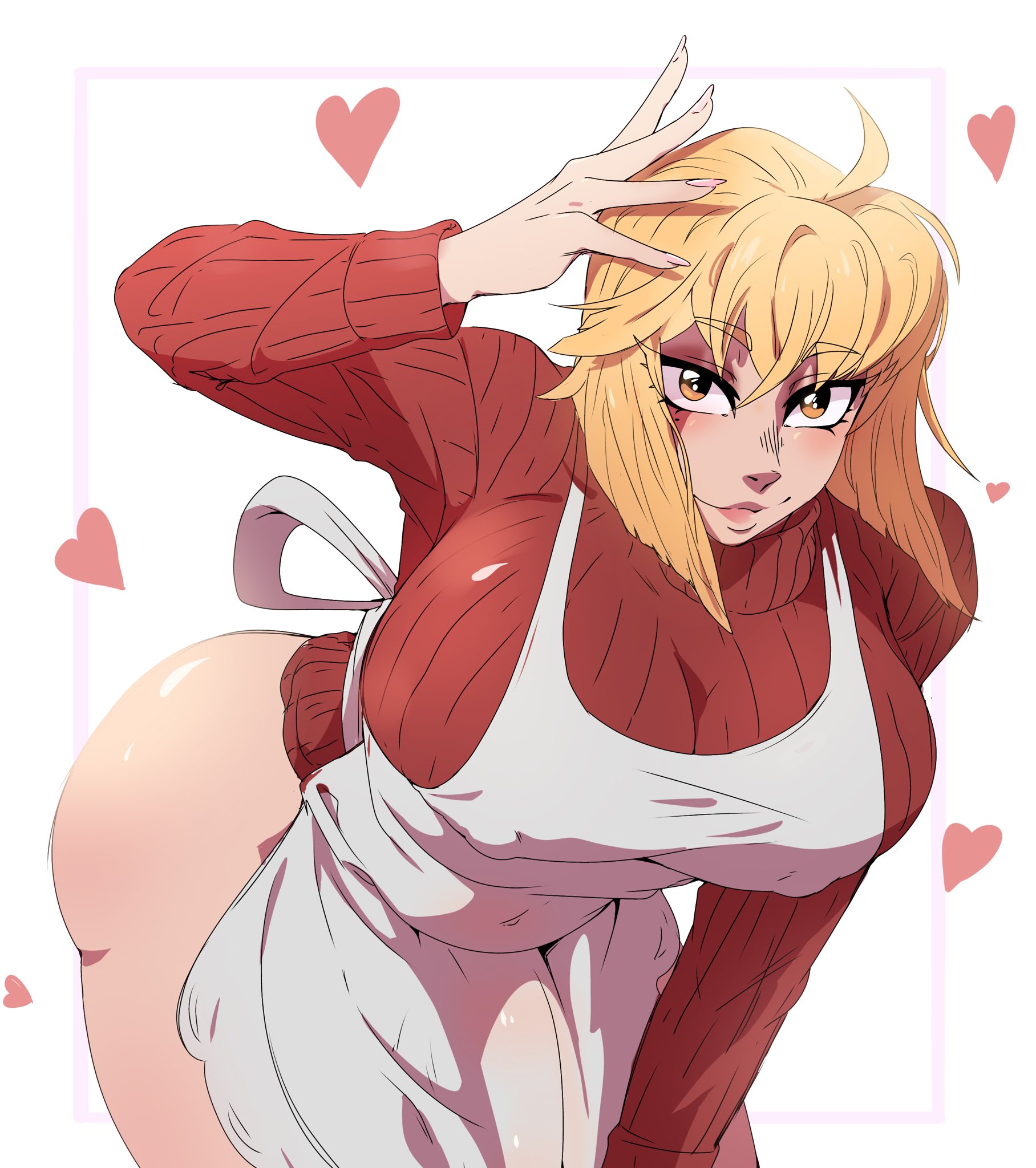 1futa, apron, ass, big ass, big breasts, blonde hair, bottomless, breasts, bulge, clothed, dragon fish6, dragonfish6, female, futa only, futanari, huge ass, huge breasts, intersex, lipstick, looking at viewer, lyn (oc), milf, short hair, solo, solo focus, solo futa, thick, thick ass, thick thighs, yellow eyes
