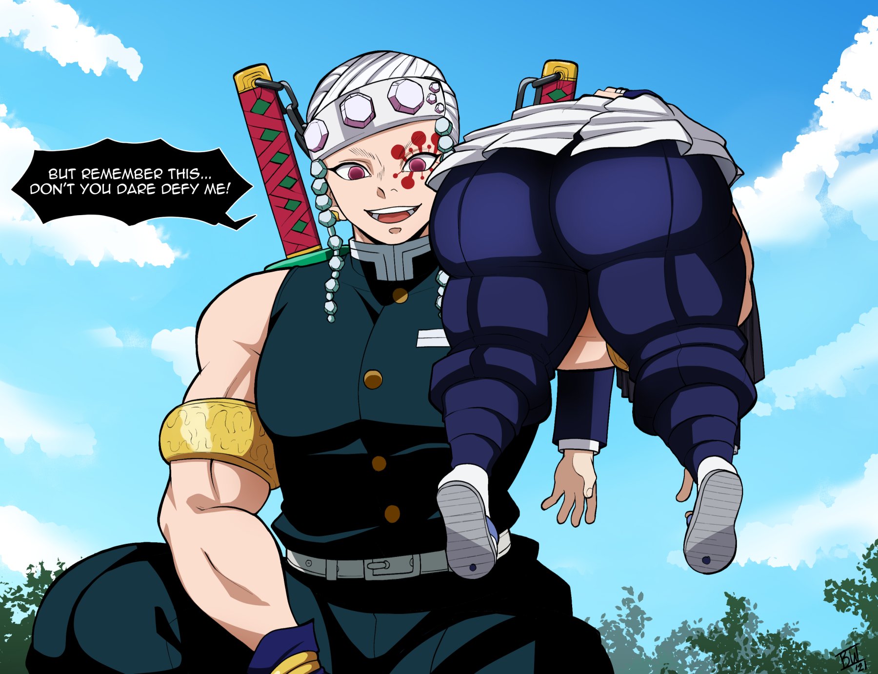 1boy, 1girls, age difference, ass, big ass, black hair, blackwhiplash, bwl, demon slayer, dialogue, female, kanzaki aoi (kimetsu no yaiba), kimetsu no yaiba, male, muscular, muscular male, nail polish, older male, pants down, screenshot edit, shortstack, text, twintails, uzui tengen, younger female