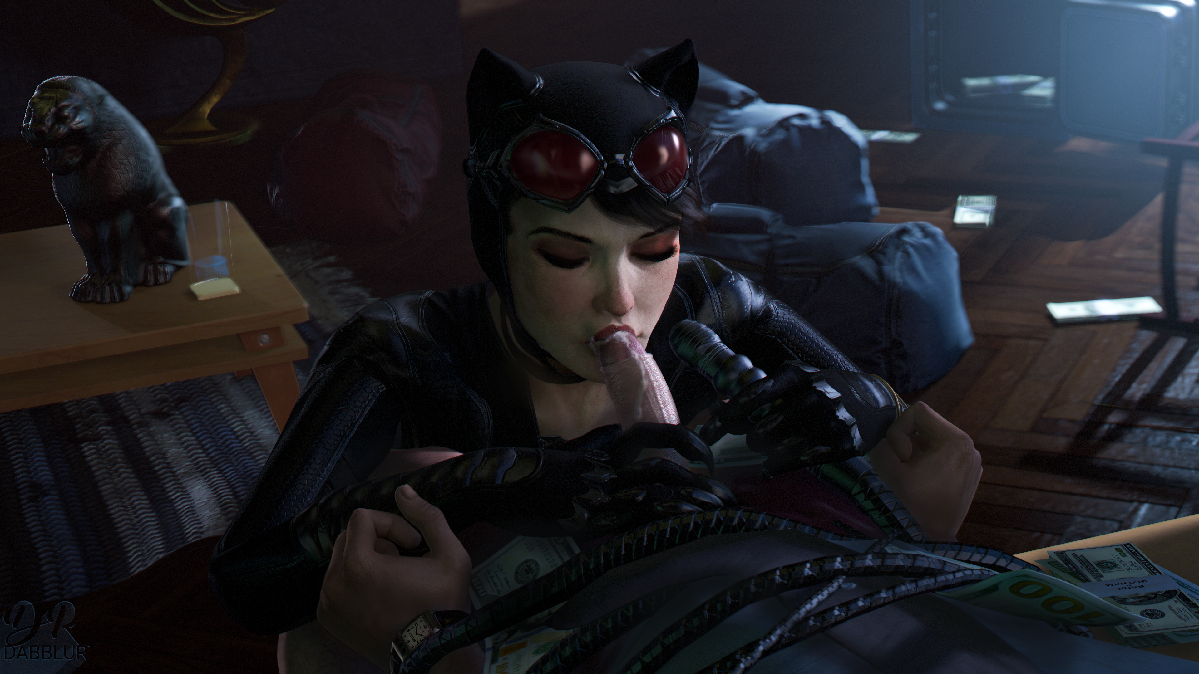 1boy, 1girls, 3d, 4k, absurdres, batman (series), batman: arkham knight, black gloves, blowjob, catwoman, catwoman (arkham knight), catwoman (arkham), closed eyes, clothed, cum, dc, dc comics, drdabblur, erection, eyeshadow, faceless male, fellatio, female, female focus, femdom, gloves, goggles, goggles on head, hand on penis, highres, holding penis, light skin, light-skinned female, light-skinned male, male, malesub, money, oral, penis, restrained, selina kyle, source filmmaker, straight, tied up, touching penis, whip