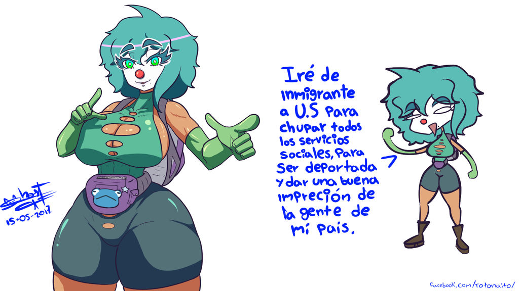 1girls blue_hair breast cleavage clown clown_girl clown_makeup clown_nose dona_(totonaito) fanny_pack female female_focus female_only frog green_eyes hips large_breasts looking_at_viewer sideboob spanish_text text thick_thighs thighs totonaito