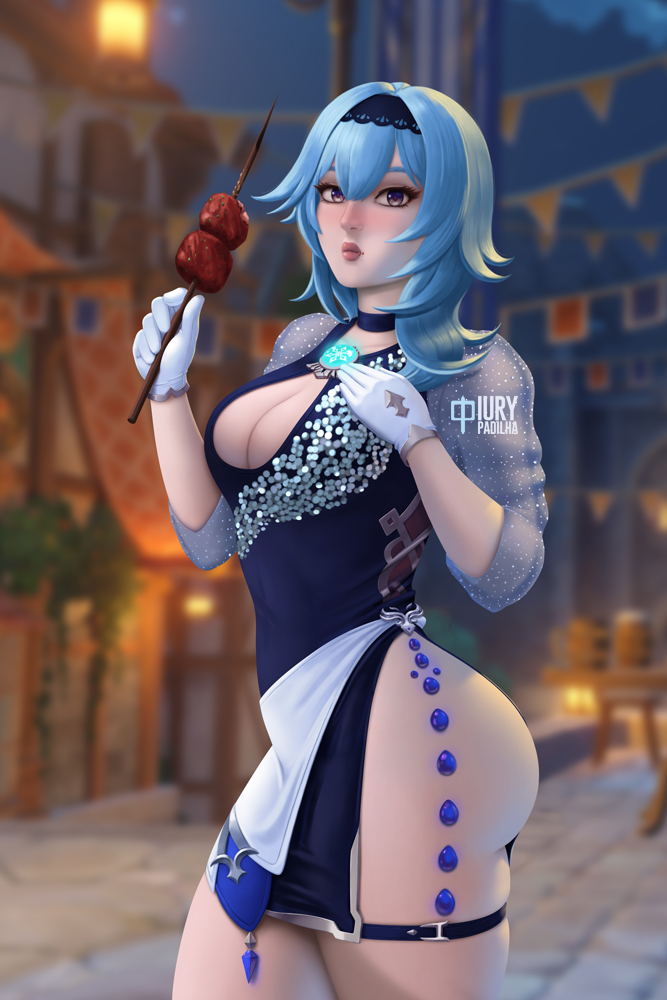 ass, bubble ass, bubble butt, choker, cleavage, cleavage cutout, eula (genshin impact), female, female only, fit, food, genshin impact, iury padilha, side view, thick thighs, thighs