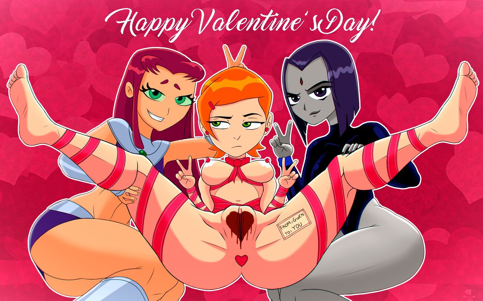 3girls, aged up, artist request, ben 10, ben 10 (classic), breasts, crossover, dc, dc comics, female, female only, green eyes, gwen tennyson, gwen tennyson (classic), koriand'r, long hair, looking at viewer, multiple females, multiple girls, orange hair, purple hair, raven (dc), red hair, short hair, spread legs, starfire, teen titans, teenager
