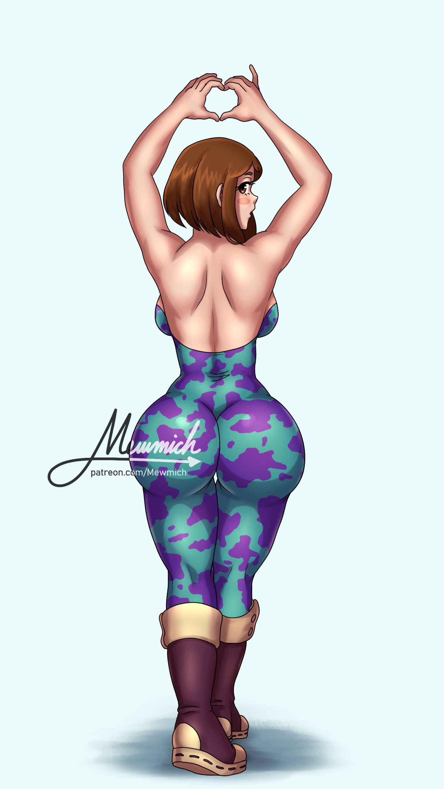 1girls, ass, brown eyes, brown hair, clothed, clothed female, female, hero outfit (mha), hips, looking back, mewmich, mina ashido, my hero academia, ochako uraraka, thighs