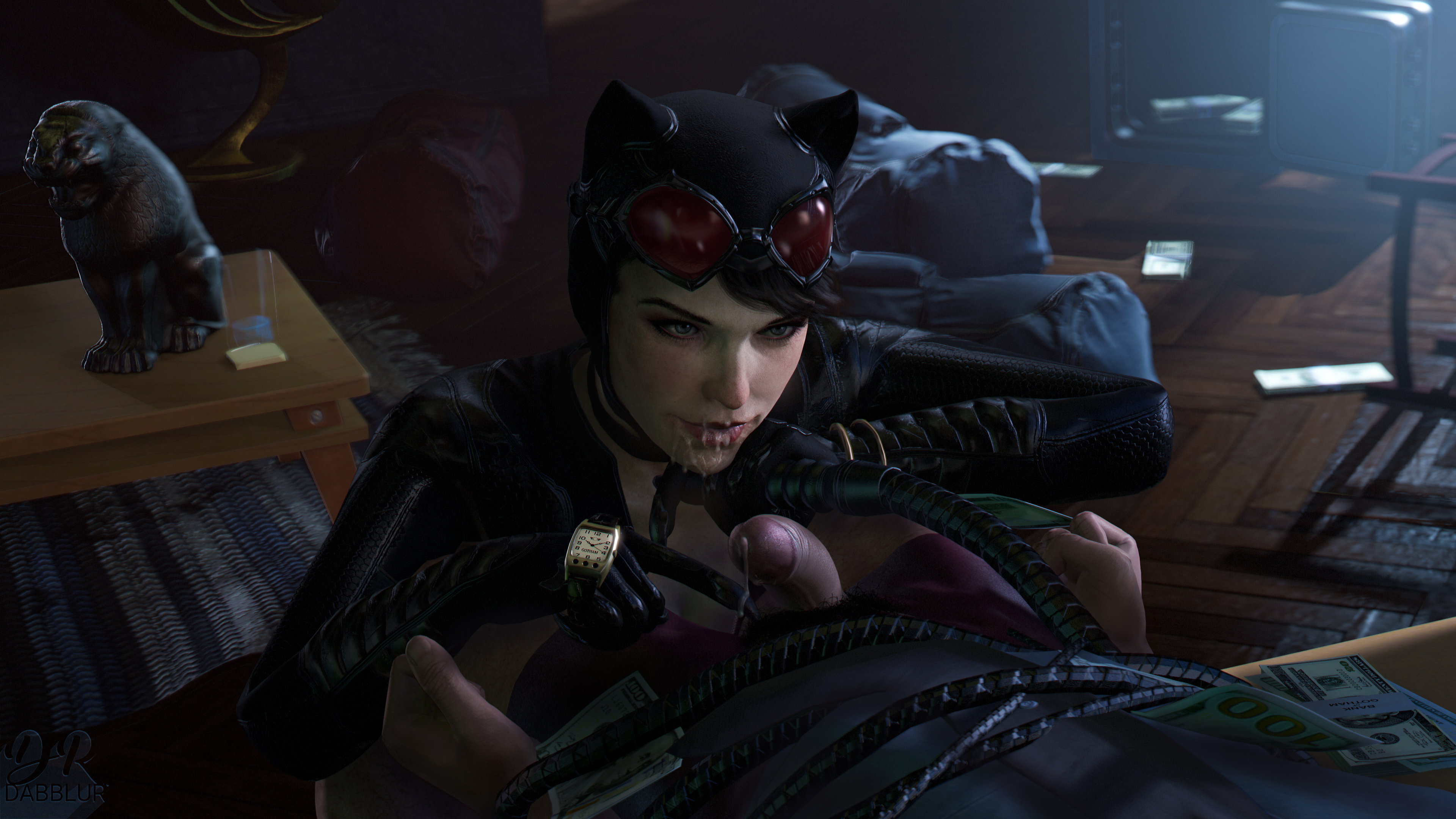 1girls, 3d, 4k, absurdres, after fellatio, after oral, batman (series), batman: arkham knight, black gloves, catwoman, catwoman (arkham knight), catwoman (arkham), cum, cum in mouth, dc, dc comics, drdabblur, erection, female, female focus, gloves, hand on penis, highres, holding penis, indoors, light skin, light-skinned female, light-skinned male, male, penis, selina kyle, source filmmaker, straight, tied up, touching penis