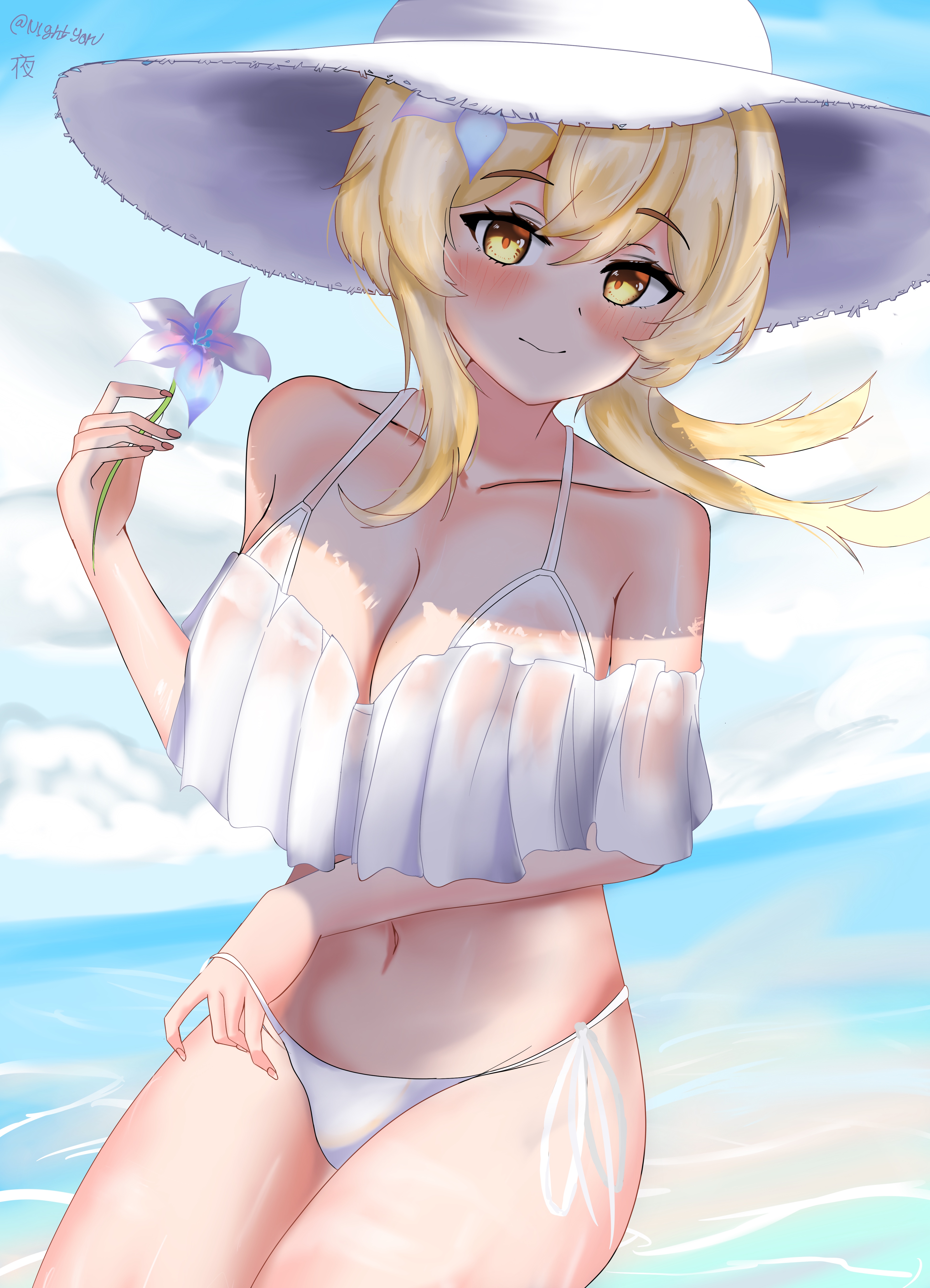 1girls, big breasts, bikini, blonde hair, breasts, cleavage, female, flower, flower in hair, genshin impact, lumine (genshin impact), n1ghtyoru, navel, solo, solo female, solo focus, swimsuit, yellow eyes