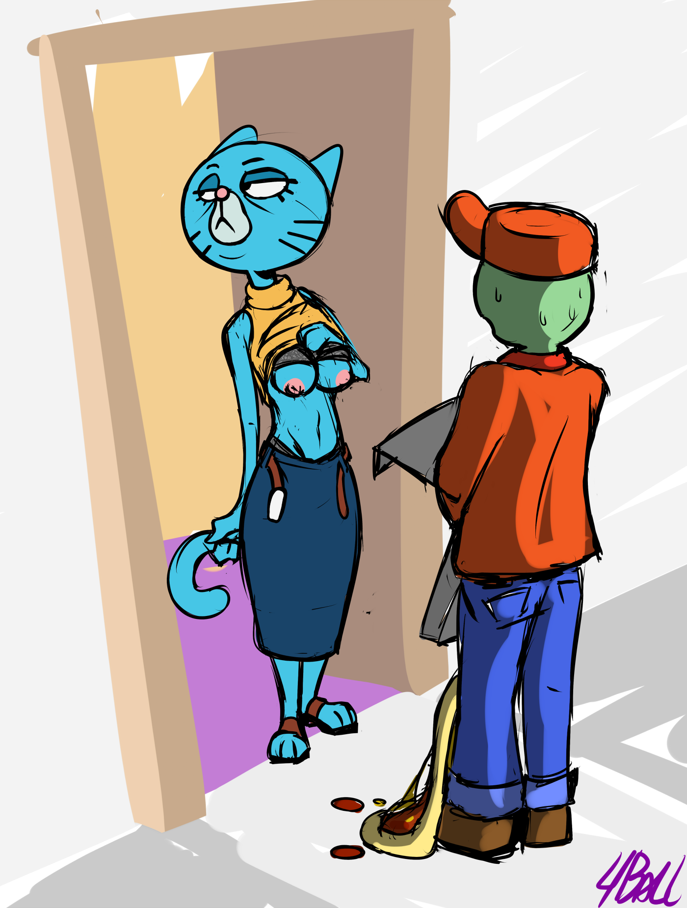 2020, anonymous, anthro, blue body, blue clothing, blue dress, blue fur, bodily fluids, bottomwear, bra, breasts, brown clothing, brown footwear, cartoon network, clothed, clothing, digital media (artwork), domestic cat, dress, duo, feet, felid, feline, felis, female, flashing, food, footwear, fourball, fur, gilf, green body, green skin, hat, headgear, headwear, hi res, human, interspecies, jacket, jeans, looking away, male, mammal, mary senicourt, mature female, medium breasts, nipples, outside, pants, partially clothed, pink nipples, pizza, red clothing, red hat, red headwear, red jacket, shirt, shoes, sweat, tail grab, teasing, the amazing world of gumball, topwear, underwear, unseen male face, yellow clothing, yellow shirt, yellow topwear