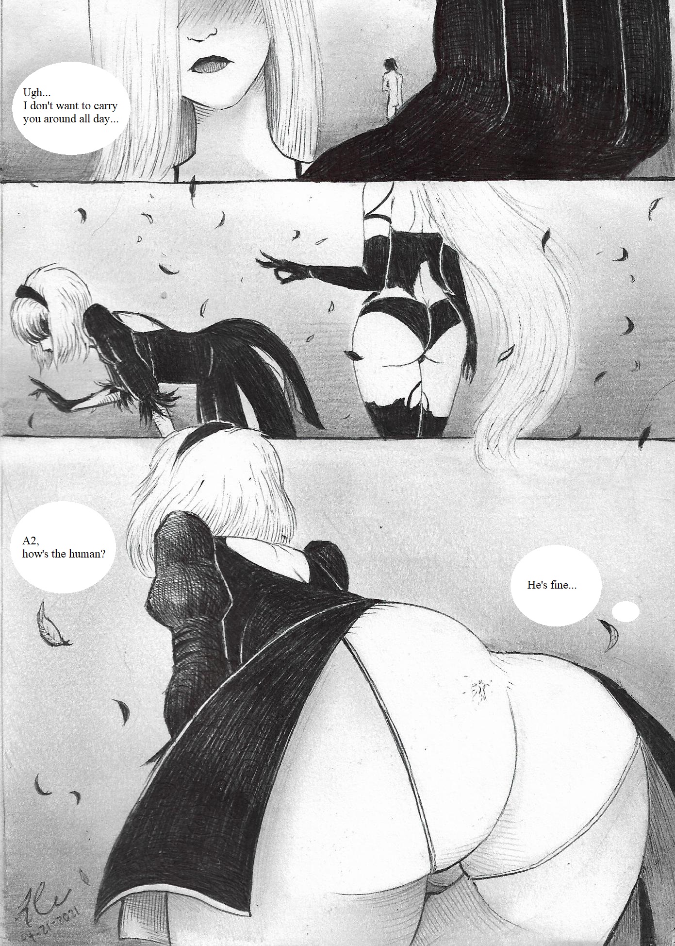 1boy, 2girls, ass, ass cleavage, ass crack, bending over, big ass, blindfold, butt crack, clothed, clothing, english text, female, giantess, hairband, huge ass, louisthesmall, macro, male, micro, monochrome, nier: automata, panties, shared clothes, shrunk, shrunken male, size difference, text, trapped, trapped in underwear, white hair, yorha 2b, yorha a2