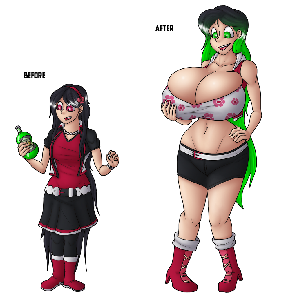 ass_expansion big_ass bombshell_soda breast_expansion full_body green_eyes green_hair growth huge_breasts long_hair midas-bust red_eyes tagme transformation transformation_sequence