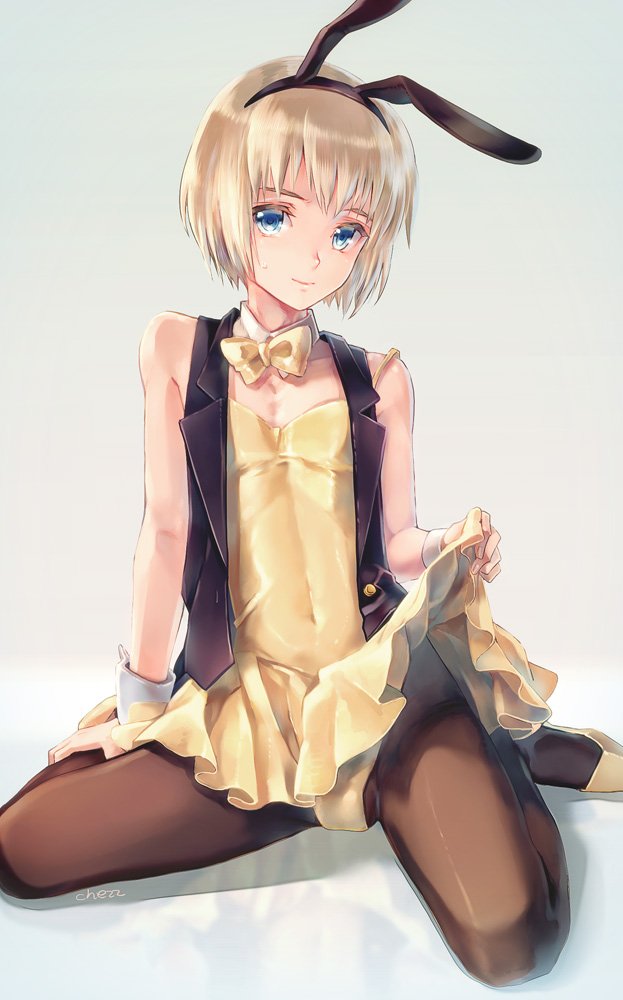 1boy androgynous armin_arlert attack_on_titan belly_button_visible_through_clothing blonde_hair blue_eyes bow_tie bulge bulge_through_clothing bunny_ears bunnysuit crossdressing cute_male eyebrows fake_ears femboy girly lifting_skirt looking_at_viewer male male_only navel_visible_through_clothes reflection shadow short_hair simple_background sleeveless smile solo solo_focus trap twink usamin wrist_cuffs