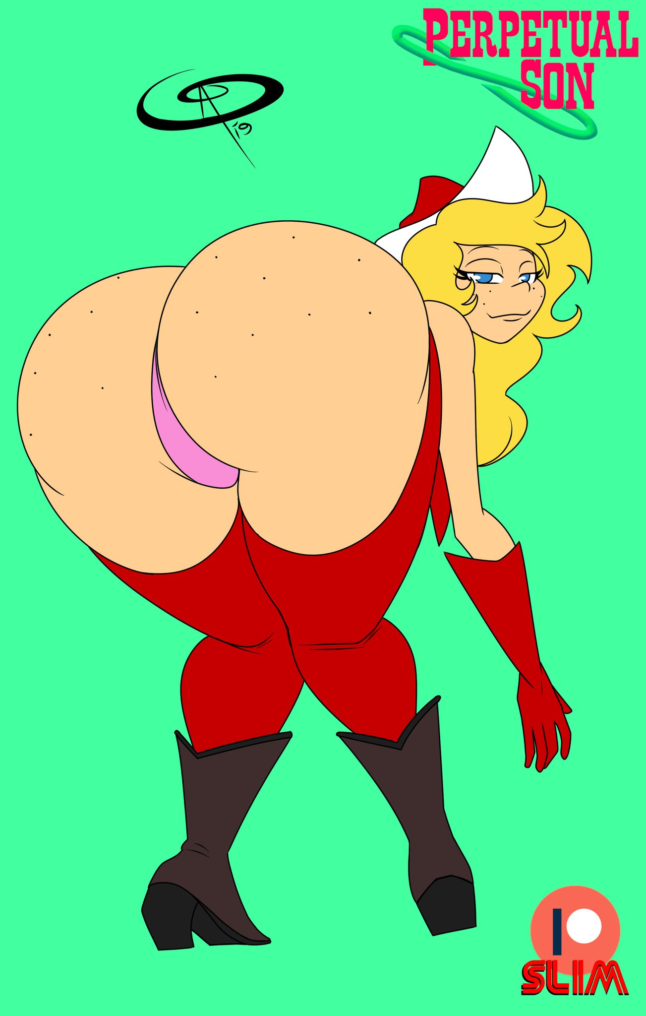 1girls ass bent_over blue_eyes boots bubble_ass bubble_butt celia_horn chaps christmas christmas_outfit cowgirl cowgirl_outfit freckles freckles_on_ass frostbiteboi green_background gun_holster light-skinned_female long_hair looking_at_viewer looking_back_at_viewer pale-skinned_female panties perpetual_son pin-up pink_panties pistol red_hat red_legwear red_vest revolver showing_ass solo solo_female solo_focus thick_thighs