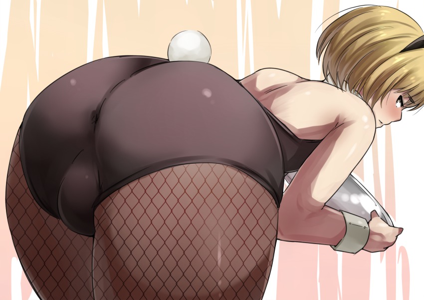 1boy 1femboy annoyed annoyed_expression armin_arlert ass attack_on_titan back_view backsack balls balls_behind_legs balls_in_panties balls_under_clothes ballsack bare_shoulders bent_over big_ass big_butt blonde_hair blush brown_eyes bulge bunnysuit butt crossdressing cuff_links embarrassed exposed_shoulders fake_tail femboy fishnet_pantyhose fishnets leotard looking_back male male_only male_playboy_bunny pantyhose presenting_ass presenting_butt presenting_hindquarters rabbit_tail short_hair testicle_bulge testicles testicles_behind_legs thighs trap tray twink usamin wachiwo wrist_cuffs