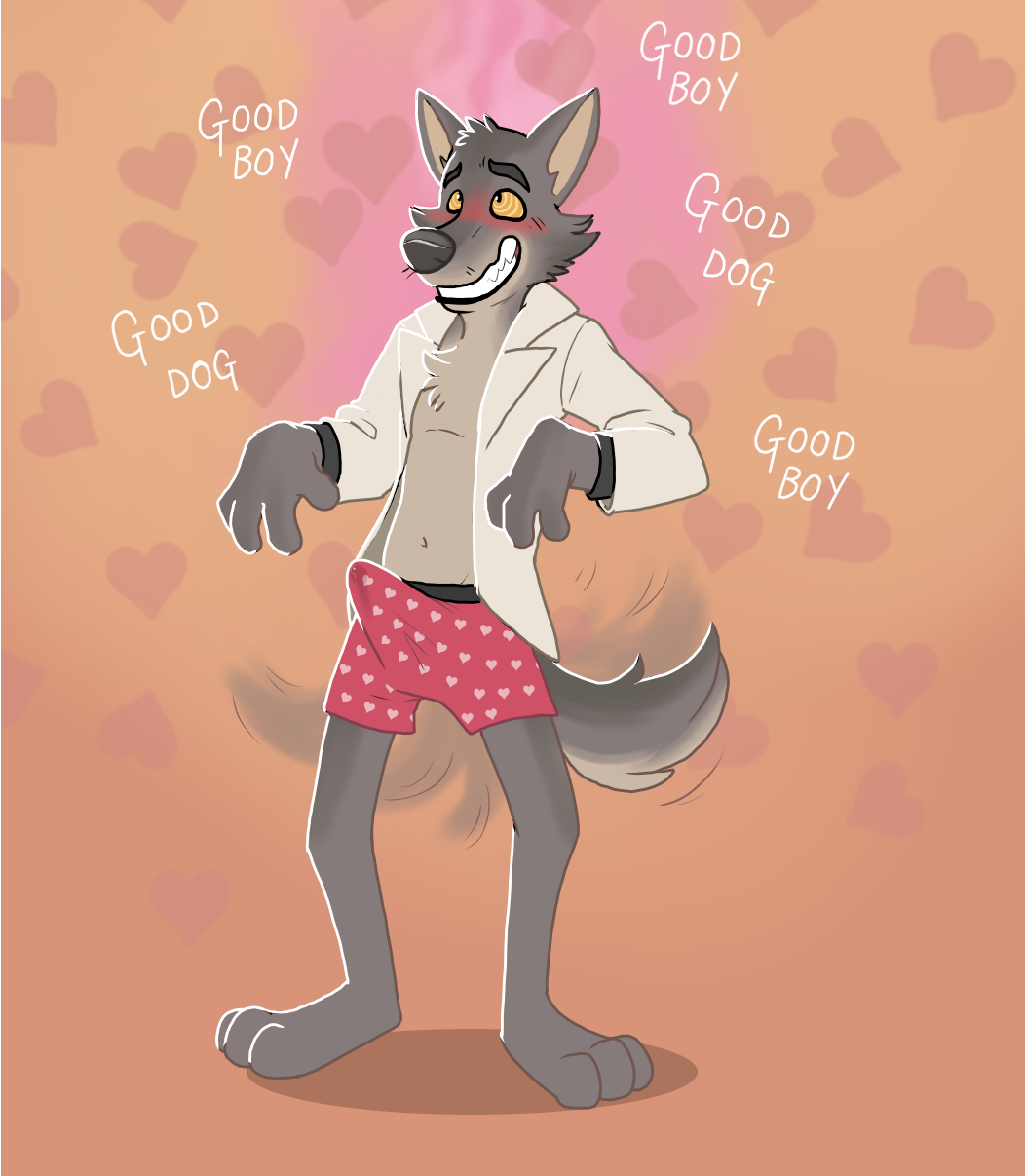 1boy anthro blueballs_(artist) blush bulge canid canine canis clothing dreamworks erection erection_under_clothes erection_under_clothing heart_underwear hi_res male male_only mammal mr._wolf_(the_bad_guys) open_clothing open_shirt open_topwear partially_clothed praise_kink shirt solo the_bad_guys topwear underwear wolf