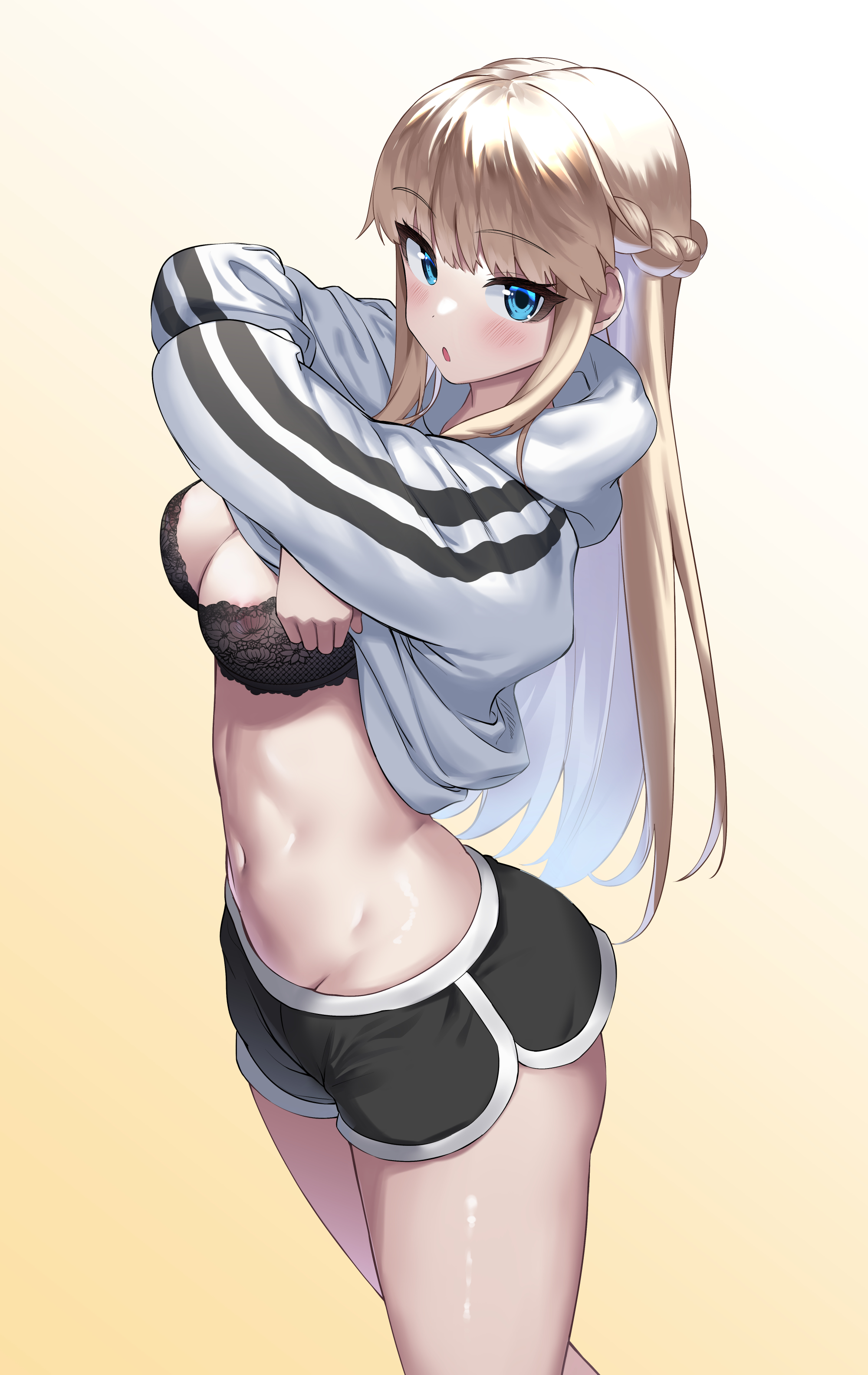absurdres, areola slip, areolae, black bra, black shorts, blonde hair, blue eyes, blush, bra, braid, breasts, cleavage, commentary, cowboy shot, dolphin shorts, english commentary, eyebrows visible through hair, female, french braid, gradient, gradient background, groin, highres, hood, hoodie, lace, lace trim, lace-trimmed bra, large breasts, lifted by self, long hair, looking at viewer, navel, open mouth, original, short shorts, shorts, sidelocks, simple background, solo, standing, stomach, straight hair, striped, striped hoodie, thighs, underwear, undressing, white hoodie, ybee, yellow background