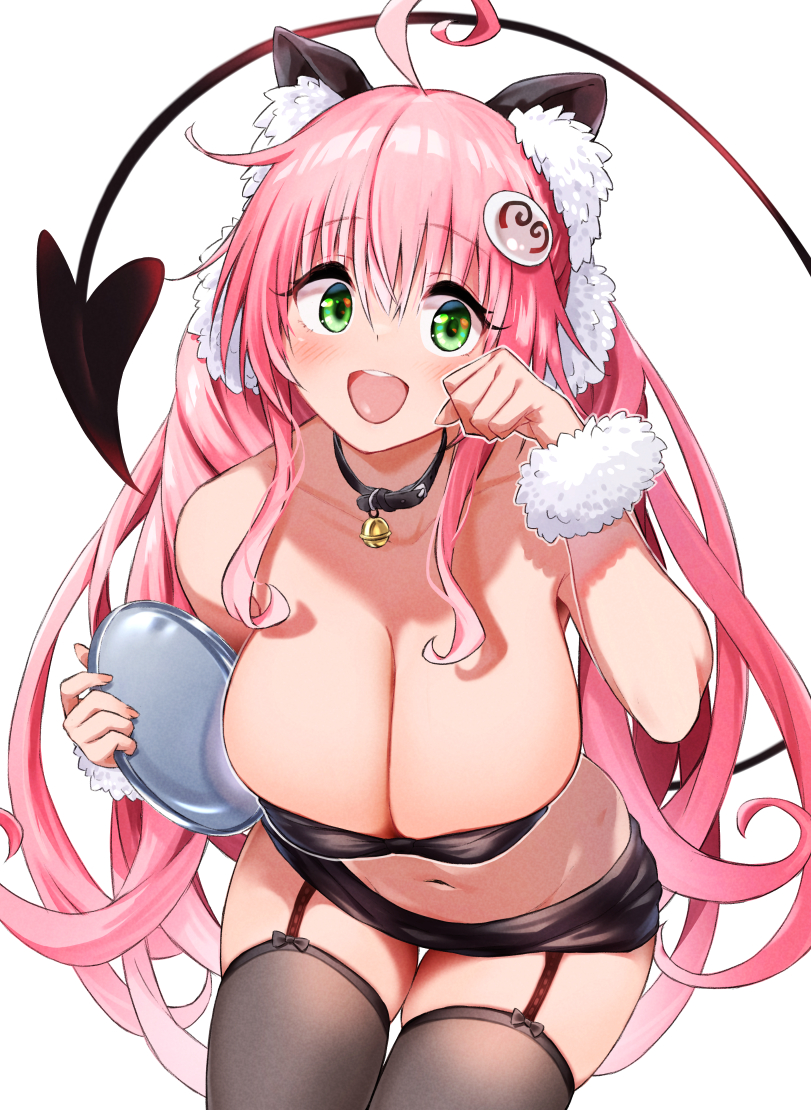 1girls alien alien_girl alien_humanoid big_breasts black_lingerie breasts cat_girl catgirl_costume demon_tail devilukean devilukean_female devilukean_tail female female_only green_eyes lala_satalin_deviluke lingerie long_hair murio navel open_mouth pink_hair smile to_love-ru tray very_long_hair waitress