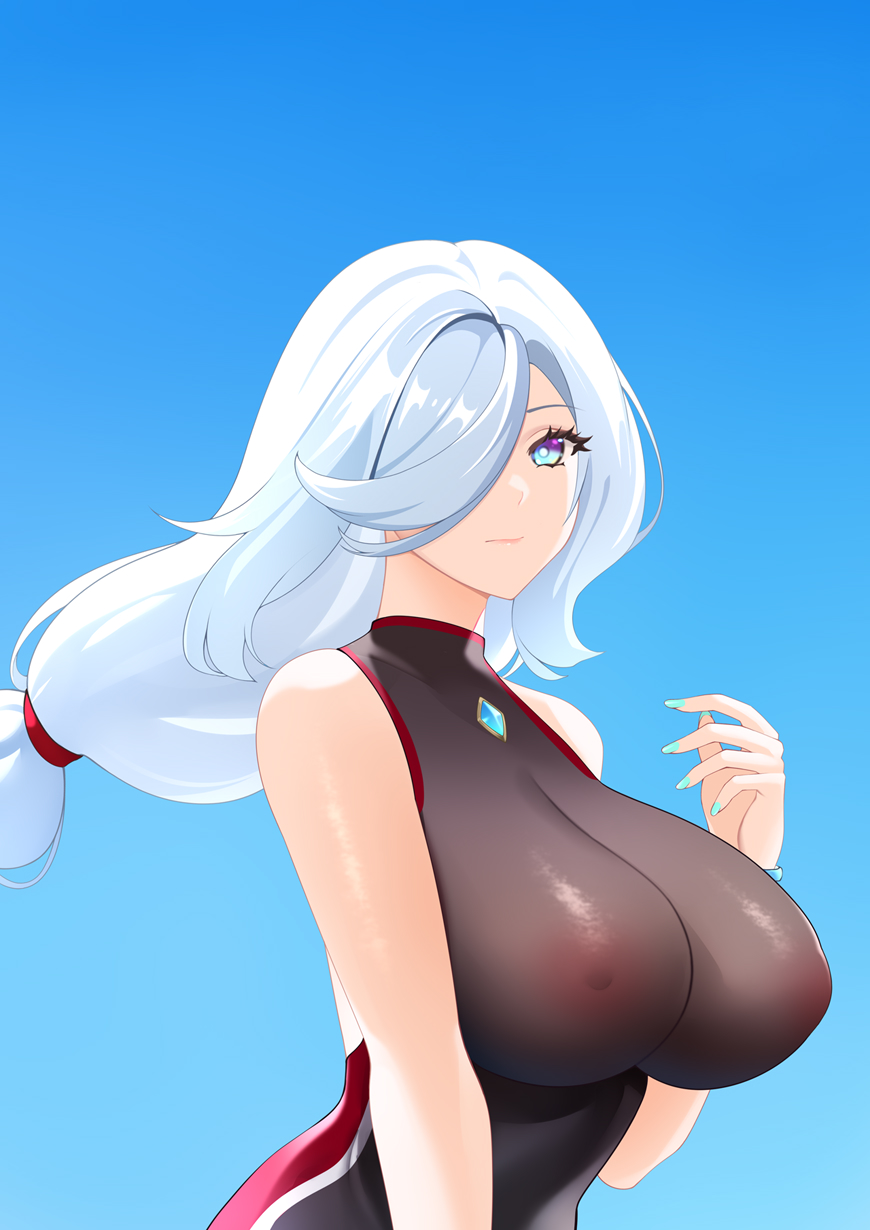 1girls absurd_res areola areolae bare_shoulders black_bodysuit blue_background blue_eyes bodysuit breasts cleavage female genshin_impact hair_over_one_eye hi_res highres huge_breasts large_breasts long_hair looking_at_viewer nipples nipples_visible_through_clothing plain_background purple_eyes see-through see-through_clothing shenhe_(genshin_impact) shoulders simple_background slim_waist small_waist solo tight_clothing toki_to_shishin waist white_hair