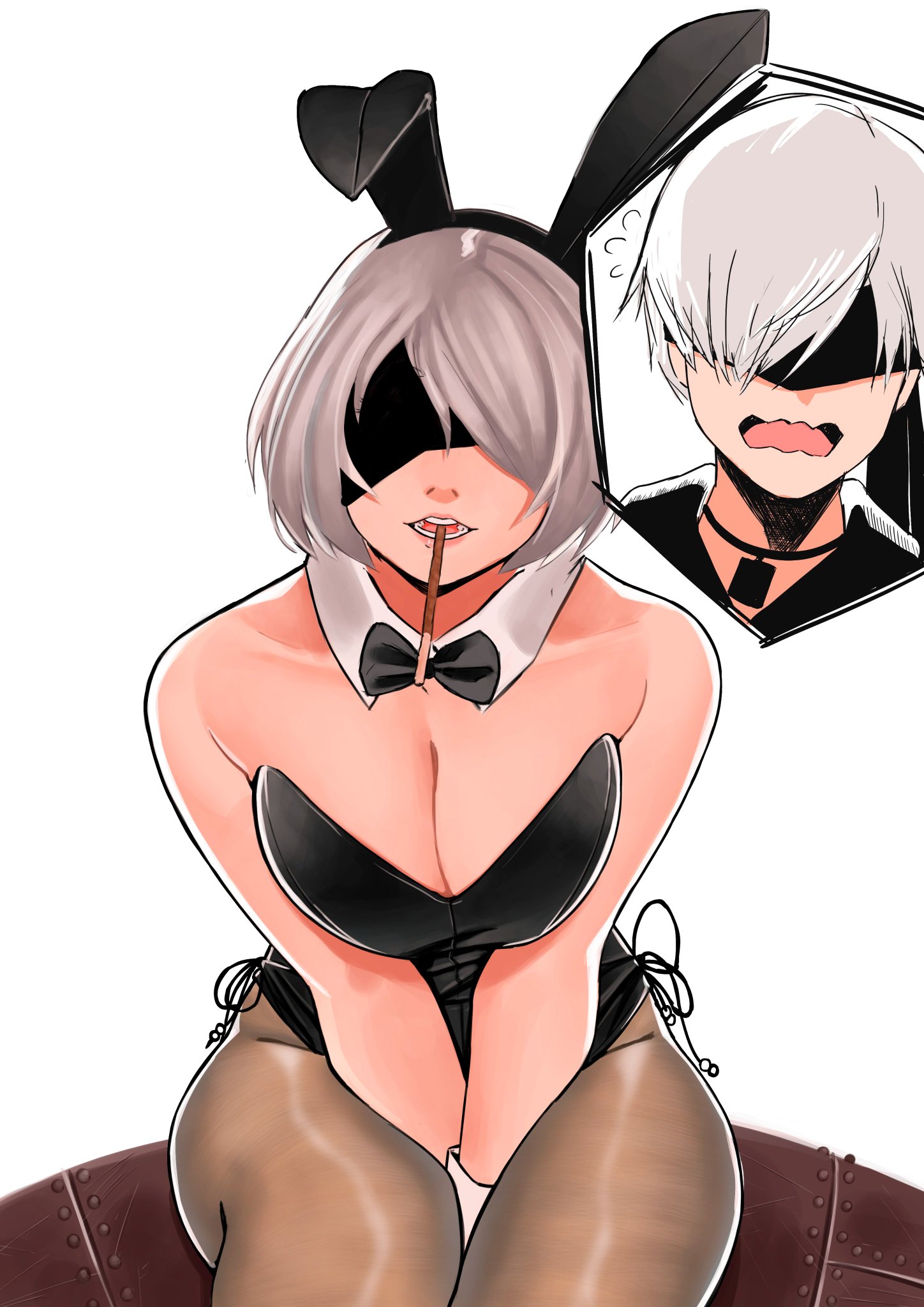 1boy, 1girls, black blindfold, blindfold, breasts, bunny girl, bunnysuit, female, i am anddo, leotard, male, nier, nier: automata, pantyhose, pocky, short hair, thighs, white hair, yorha 2b, yorha 9s